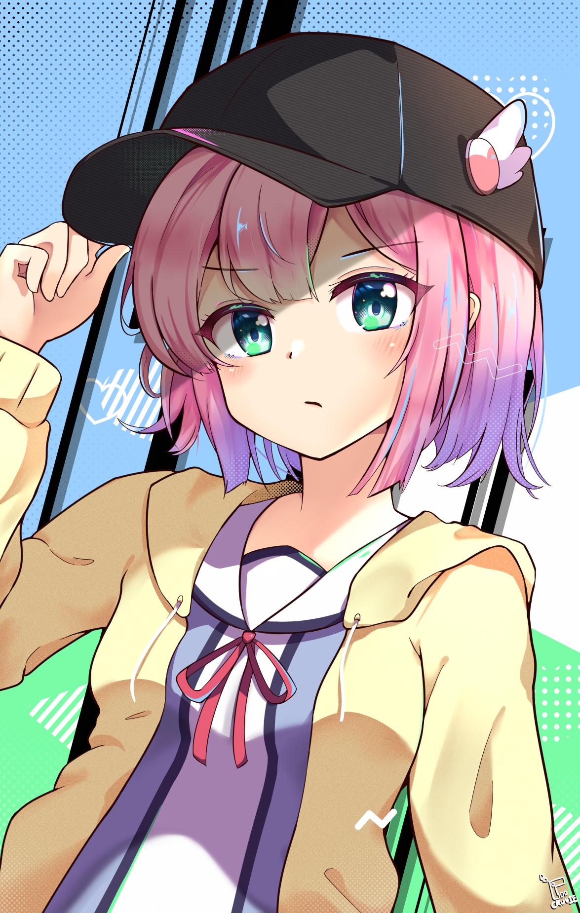 cruvie, chiyoda momo, machikado mazoku, commentary, highres, 1girl, :/, black hat, blue background, blunt bangs, blunt ends, blush, bob cut, closed mouth, eyelashes, frown, green background, green eyes, hand up, hat, heart, hood, hood down, hoodie, long sleeves, looking at viewer, medium hair, open clothes, open hoodie, peaked cap, pink hair, sailor collar, school uniform, serafuku, signature, simple background, solo, straight hair, two-tone background, upper body, v-shaped eyebrows, white sailor collar, wing hat ornament, yellow hoodie