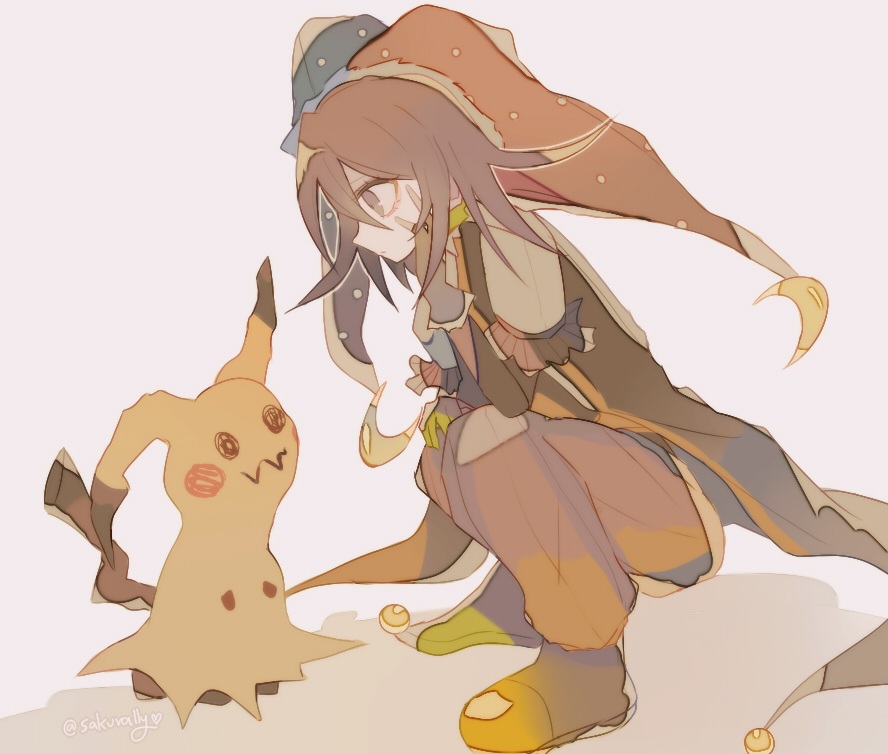 sakura (fein5862817), mimikyu, oma kokichi, danganronpa (series), danganronpa v3: killing harmony, nintendo, pokemon, commentary request, aegyo sal, baggy pants, bell, black coat, black sleeves, blue gloves, blue hat, closed mouth, clown, coat, coattails, collared shirt, crescent, crescent hat ornament, crossover, elbows on knees, expressionless, eyelashes, fingerless gloves, frilled gloves, frilled sleeves, frills, from side, gen 7 pokemon, gloves, green shoes, grey background, hair between eyes, halloween costume, hat, hat ornament, jester cap, layered sleeves, light frown, long sleeves, looking at creature, male focus, official alternate costume, pale skin, pants, pointy nose, pointy shoes, pokemon (creature), polka dot headwear, purple eyes, purple hair, purple pants, red hat, shadow, shirt, shoes, short over long sleeves, short sleeves, simple background, sleeveless, sleeveless coat, split-color clothes, squatting, twitter username, two-tone hat, white shirt