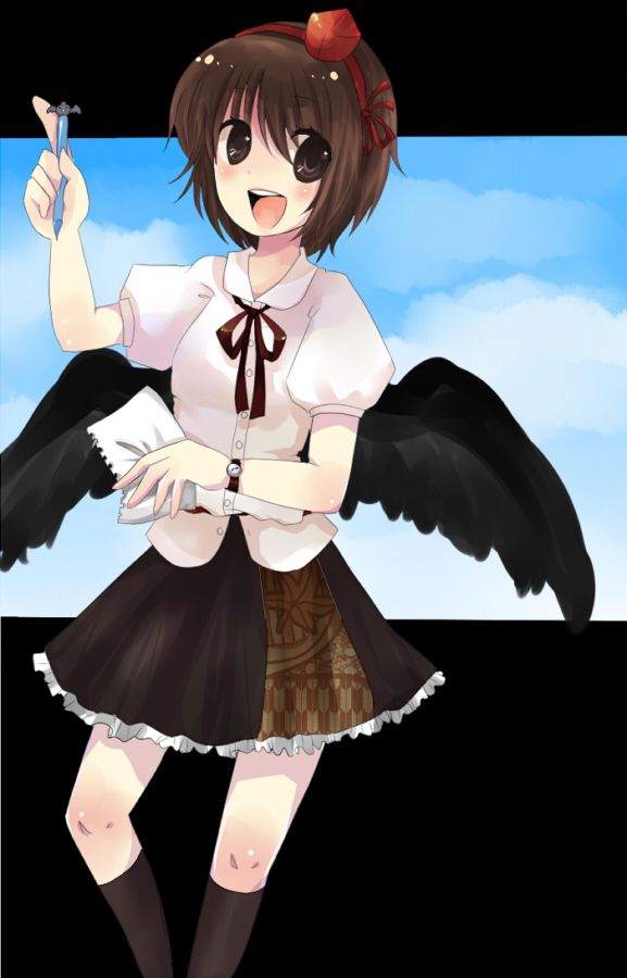 miyako (xxxbibit), myk, shameimaru aya, touhou, bad id, bad pixiv id, 1girl, brown eyes, brown hair, female focus, hat, looking at viewer, open mouth, paper, pen, smile, solo, wings