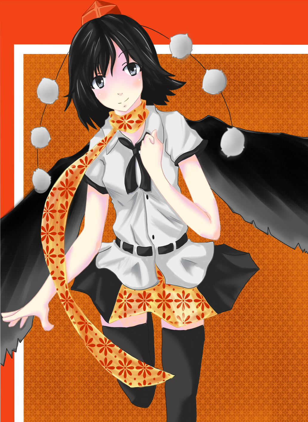 koori rei yakko, shameimaru aya, touhou, bad id, bad pixiv id, highres, 1girl, black hair, female focus, grey eyes, hat, looking at viewer, scarf, smile, solo, thighhighs, tokin hat, wings