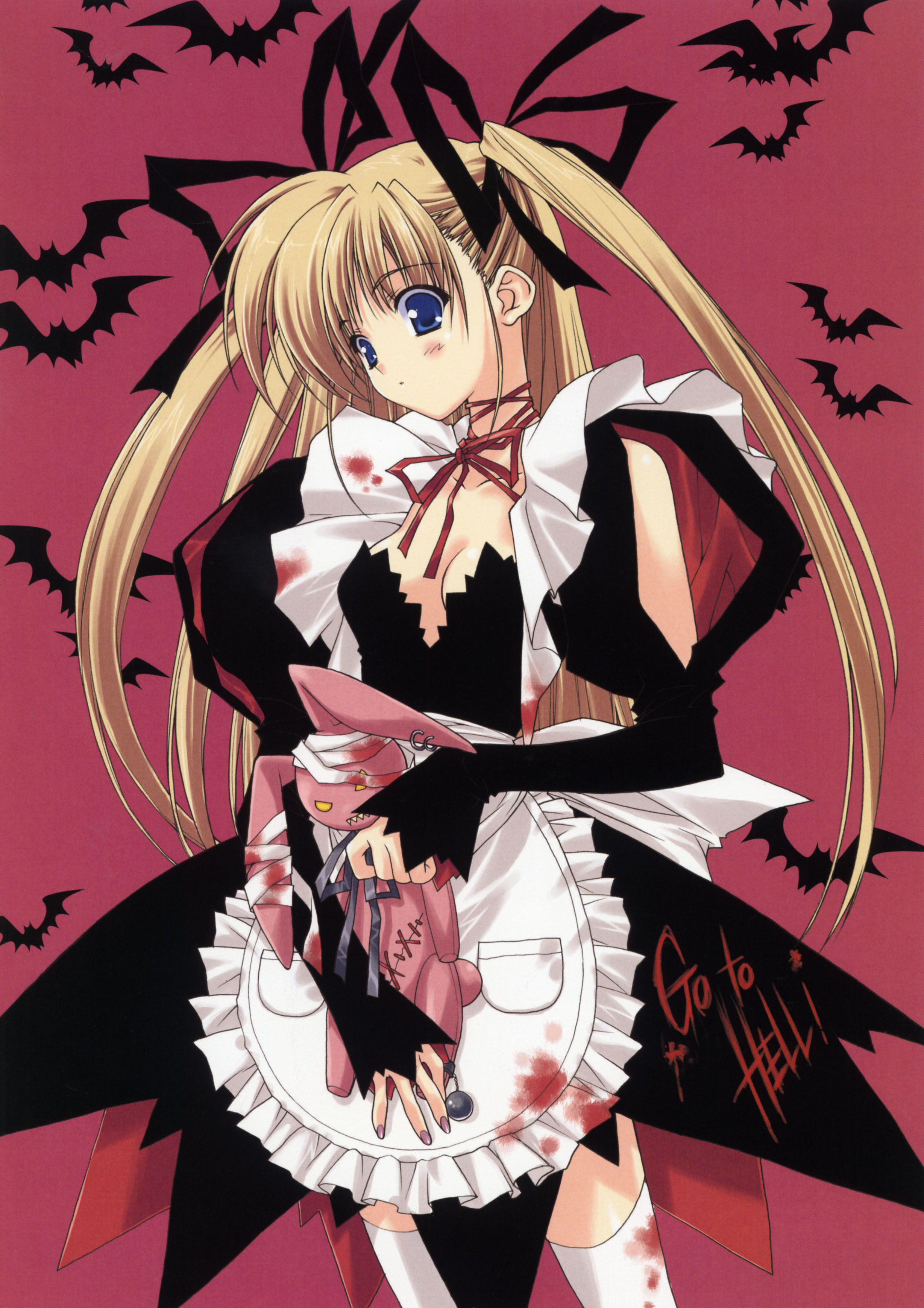 suzuhira hiro, absurdres, highres, 1girl, apron, bat (animal), blonde hair, blood, blood on clothes, blue eyes, blush, breasts, cleavage, female focus, hair ribbon, red background, ribbon, small breasts, solo, stuffed animal, stuffed rabbit, stuffed toy, thighhighs, zettai ryouiki