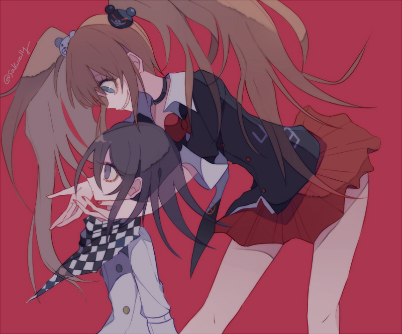 sakura (fein5862817), enoshima junko, oma kokichi, danganronpa: trigger happy havoc, danganronpa (series), danganronpa v3: killing harmony, commentary request, 1boy, 1girl, aegyo sal, arm belt, bare legs, bear hair ornament, belt, black choker, black jacket, black scarf, blonde hair, blue eyes, bow, bowtie, buttons, checkered clothes, checkered scarf, choker, circle skirt, closed mouth, collared shirt, cowboy shot, crazy, crazy smile, double-breasted, expressionless, eyelashes, from side, grin, hair between eyes, hair ornament, hands on another's face, height difference, in-franchise crossover, jacket, knees, leaning forward, light frown, long hair, long hair between eyes, long sleeves, looking ahead, looking at another, medium hair, multicolored buttons, nail polish, pleated skirt, pointy nose, purple eyes, purple hair, red background, red bow, red bowtie, red nails, red skirt, scarf, shirt, short sleeves, simple background, skirt, sleeve cuffs, smile, three-quarter sleeves, torn clothes, torn scarf, twintails, twitter username, two-tone scarf, upper body, very long hair, white belt, white jacket, white scarf, white shirt