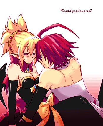 tsuyuka (sunny spot), adell (disgaea), rozalin, disgaea, makai senki disgaea 2, nippon ichi, lowres, 1boy, 1girl, blonde hair, blush, bow, dress, pointy ears, red hair, strapless, strapless dress, wings, yellow bow