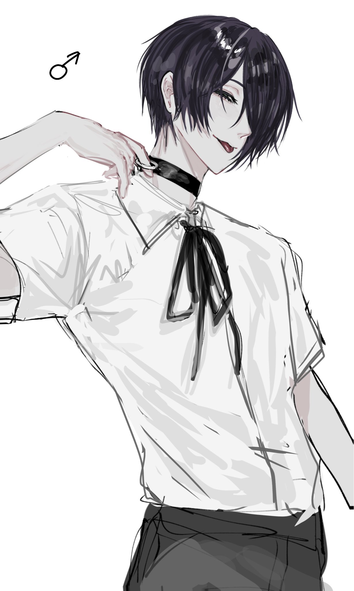 reze (chainsaw man), chainsaw man, commentary request, highres, 1boy, black choker, black hair, black pants, choker, genderswap, genderswap (ftm), male focus, mars symbol, nini 2i2, pants, short hair, short sleeves, simple background, solo, tongue, upper body, white background