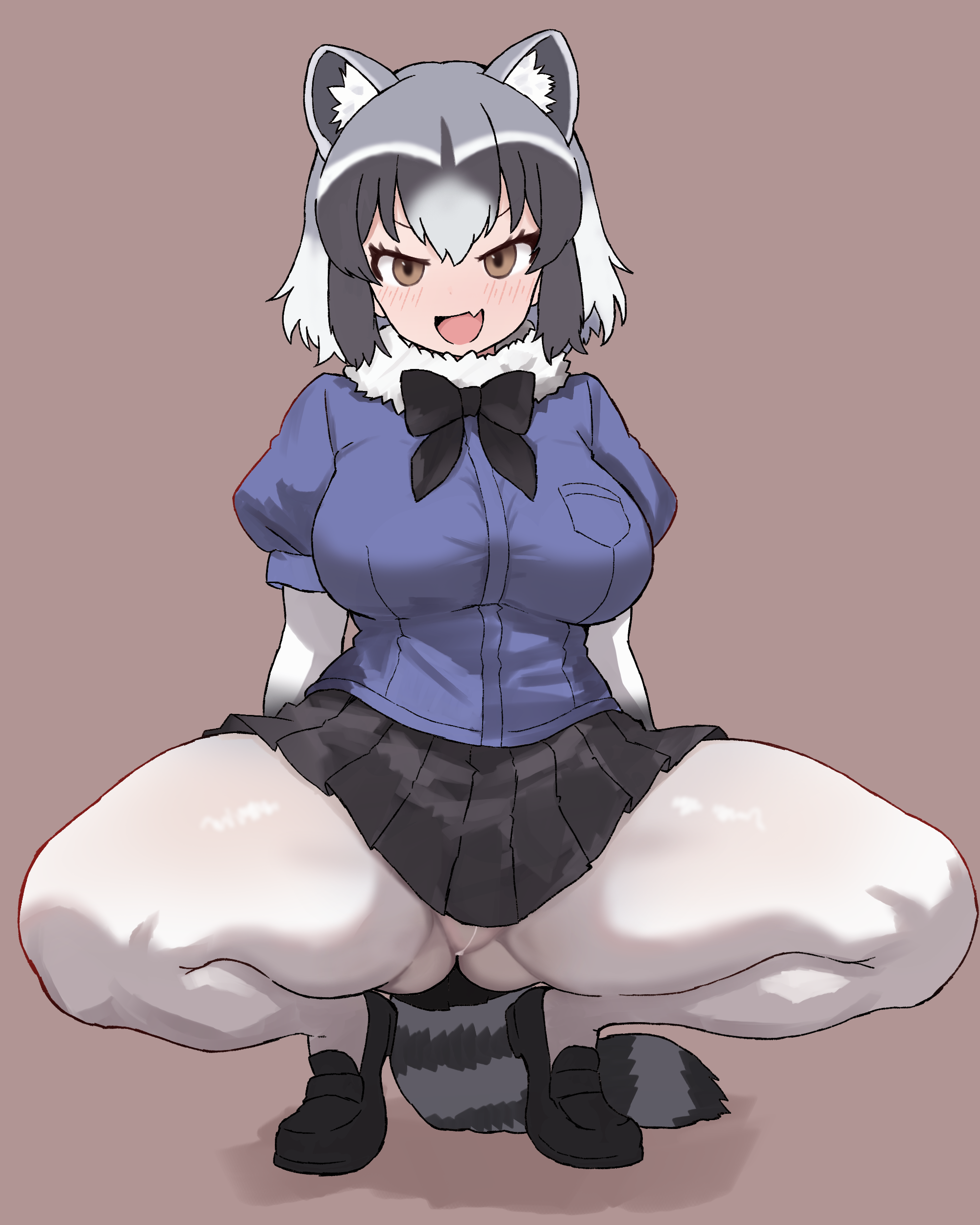 peace peace009, common raccoon (kemono friends), kemono friends, absurdres, highres, 1girl, animal ears, black hair, blue shirt, blush, bow, bowtie, breasts, brown eyes, crotch seam, extra ears, fang, fur collar, gluteal fold, grey hair, large breasts, looking at viewer, multicolored hair, open mouth, raccoon ears, raccoon tail, shirt, short-sleeved sweater, short hair, short sleeves, skirt, smile, solo, squatting, striped tail, sweater, tail, thick thighs, thighs