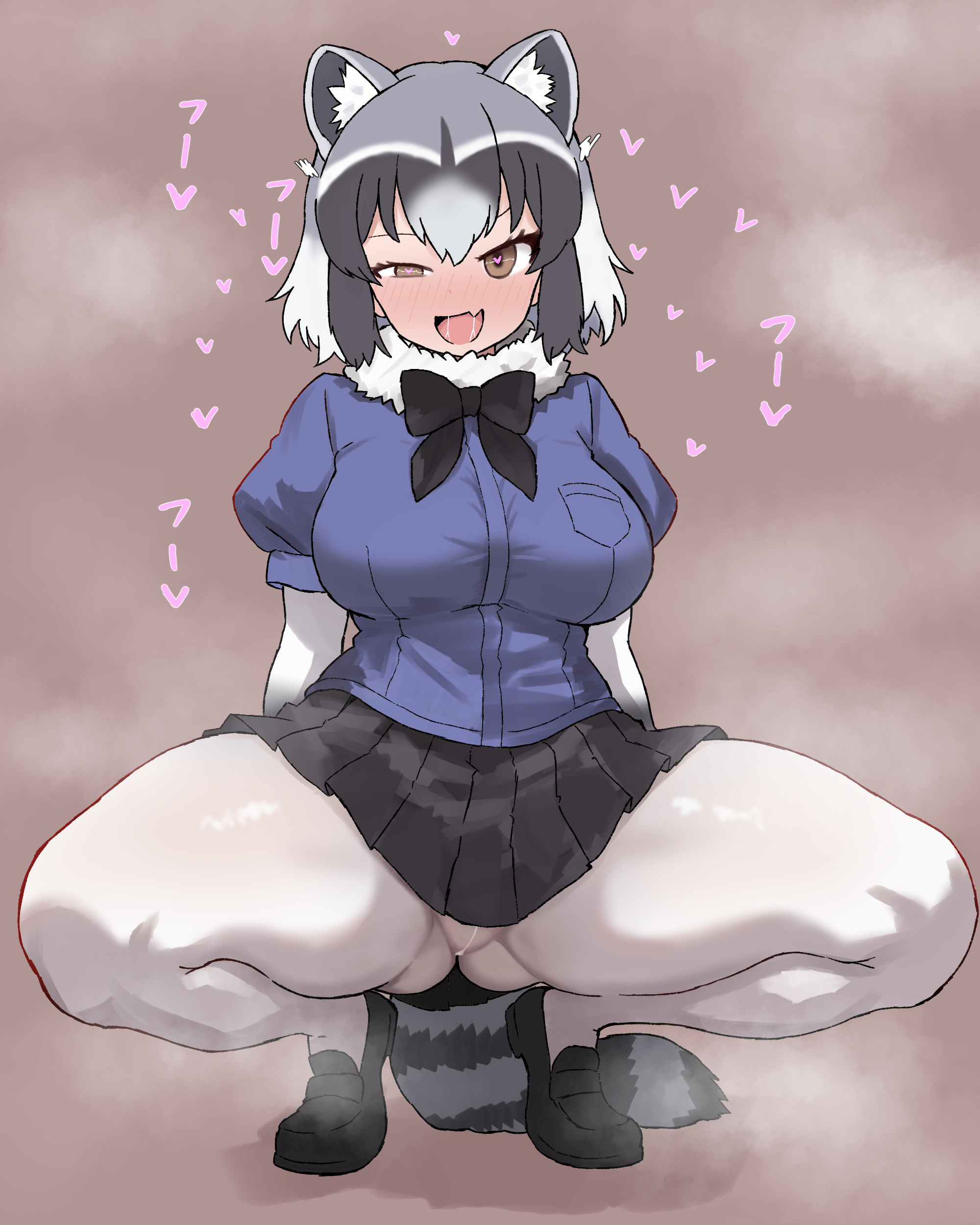 peace peace009, common raccoon (kemono friends), kemono friends, absurdres, highres, 1girl, animal ears, black hair, blue shirt, blush, bow, bowtie, breasts, brown eyes, crotch seam, drooling, extra ears, fang, fur collar, gluteal fold, grey hair, heart, heart-shaped pupils, heavy breathing, in heat, large breasts, looking at viewer, multicolored hair, ohhoai, open mouth, raccoon ears, raccoon tail, shirt, short-sleeved sweater, short hair, short sleeves, skirt, smile, solo, squatting, steaming body, striped tail, sweater, symbol-shaped pupils, tail, thick thighs, thighs, torogao