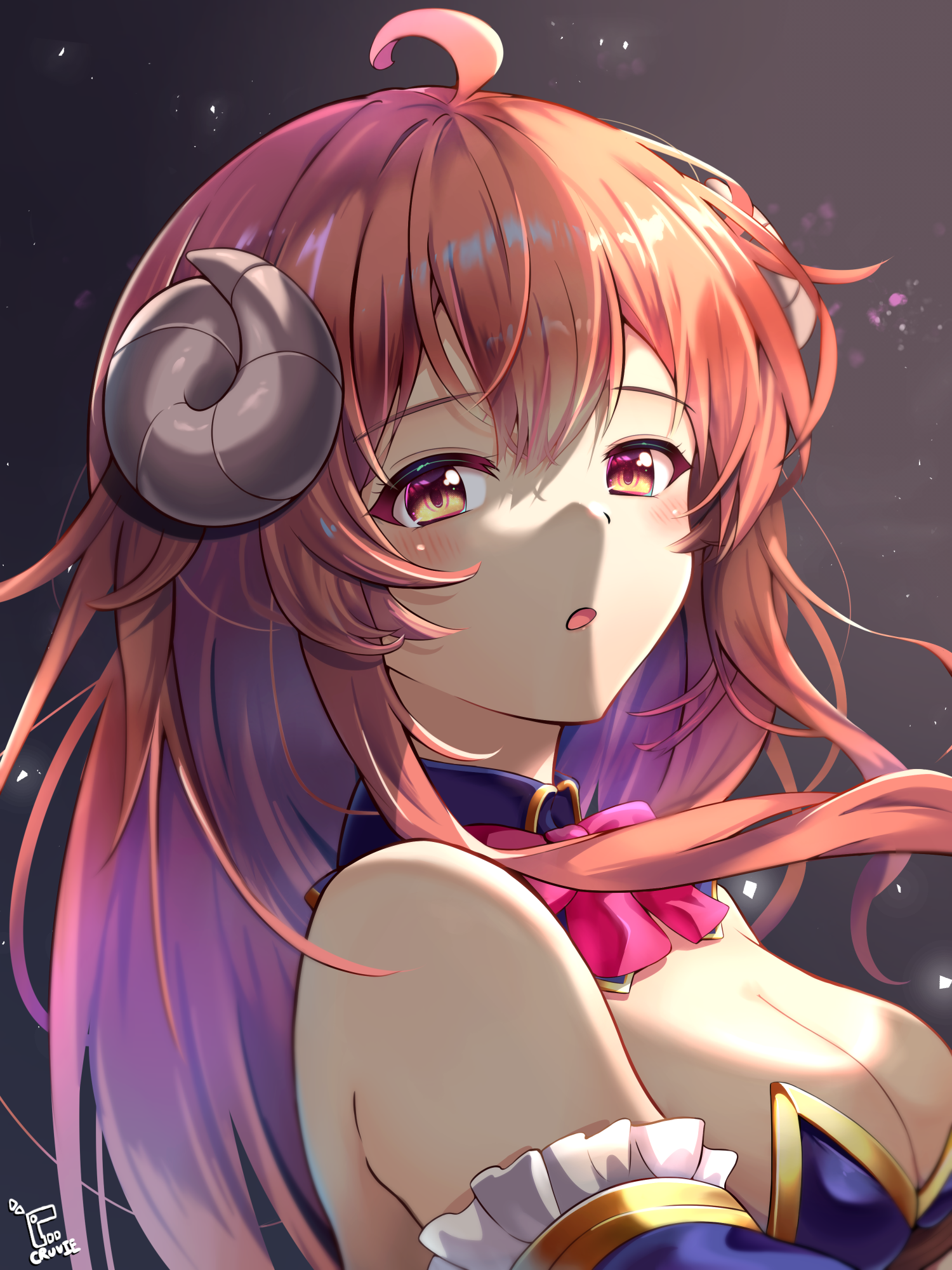 cruvie, yoshida yuuko, machikado mazoku, commentary, highres, 1girl, :o, ahoge, bare shoulders, black background, blush, bow, bowtie, breasts, brown eyes, brown hair, cleavage, crisis management form (machikado mazoku), curled horns, demon girl, demon horns, detached collar, detached sleeves, floating hair, frilled sleeves, frills, from side, hair between eyes, horns, large breasts, light particles, long hair, looking at viewer, open mouth, pink bow, pink bowtie, sidelighting, sidelocks, signature, simple background, solo