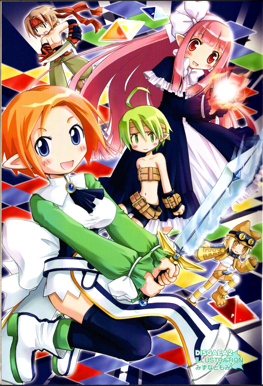 mizuna tomomi, female warrior (disgaea), mage (disgaea), magic knight (disgaea), male warrior (disgaea), thief (disgaea), warrior (disgaea), disgaea, makai senki disgaea 2, nippon ichi, highres, 1boy, 4girls, belt bra, blonde hair, blue eyes, brown hair, dress, green eyes, green hair, hat, magic, multiple girls, orange hair, pink hair, sword, tabard, weapon, yellow eyes