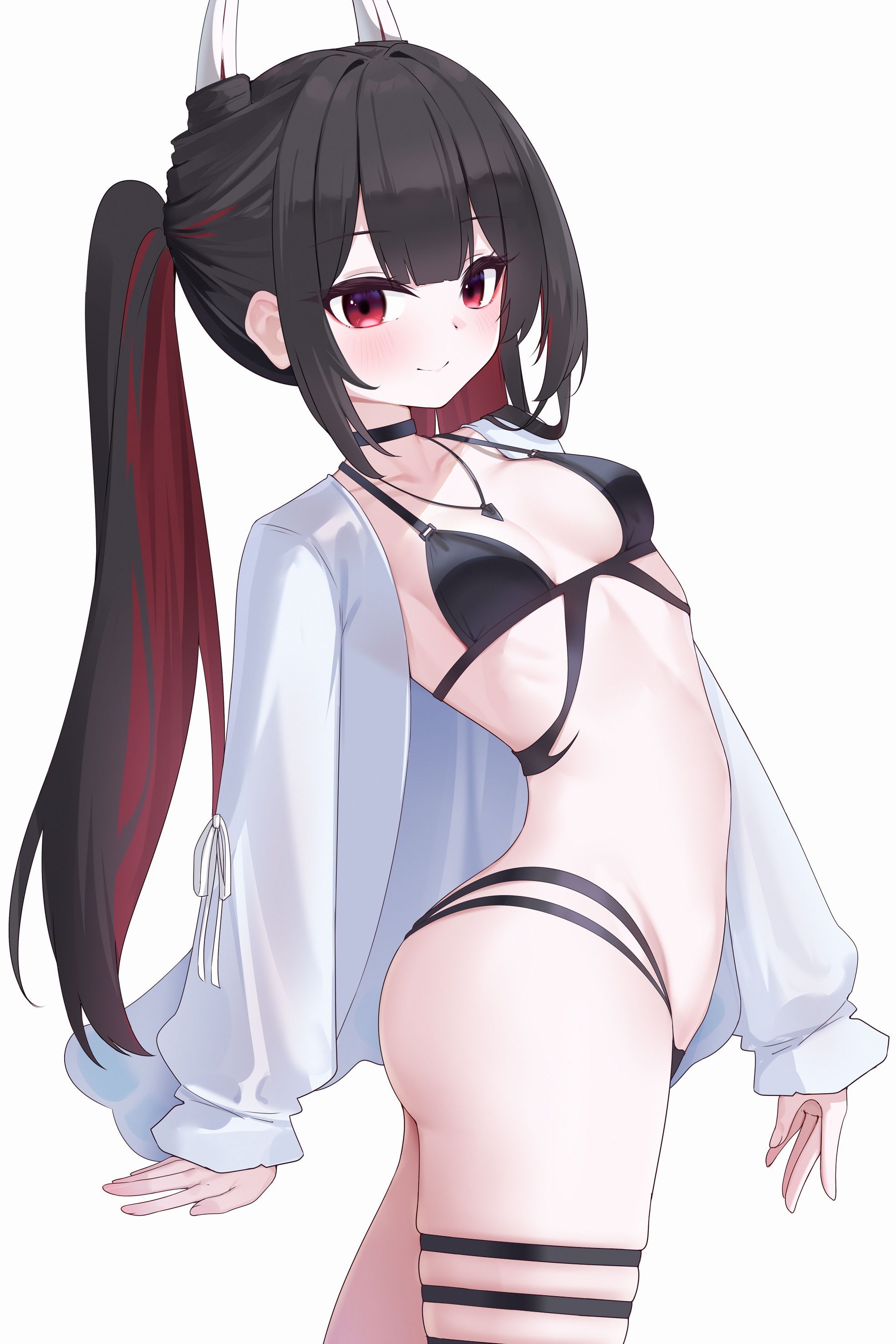 zerotwenty (020), hatsuzuki (august's first romance) (azur lane), hatsuzuki (azur lane), azur lane, absurdres, highres, 1girl, arm behind back, ass, bikini, black bikini, black choker, black hair, blush, breasts, brown hair, choker, demon girl, demon horns, from side, horns, jewelry, long hair, looking at viewer, multicolored hair, multiple thigh straps, necklace, oni, open clothes, open shirt, red hair, shirt, skindentation, small breasts, smile, solo, standing, streaked hair, swimsuit, thigh strap, thighs, two-tone hair, very long hair, white shirt