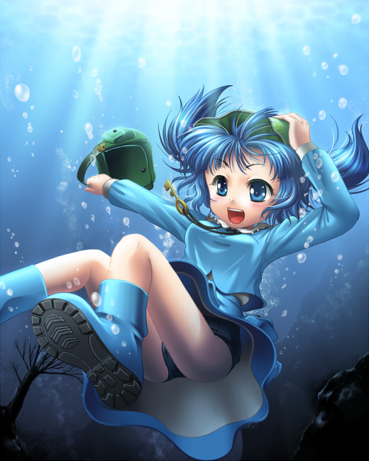kei (pixiv), kei kei, kawashiro nitori, touhou, 1girl, :d, air bubble, blue eyes, blue hair, boots, bubble, female focus, hand on headwear, hat, key, light rays, matching hair/eyes, open mouth, shoe soles, short hair, smile, solo, sunbeam, sunlight, swimsuit, swimsuit under clothes, twintails, two side up, underwater, water, wet, wet clothes