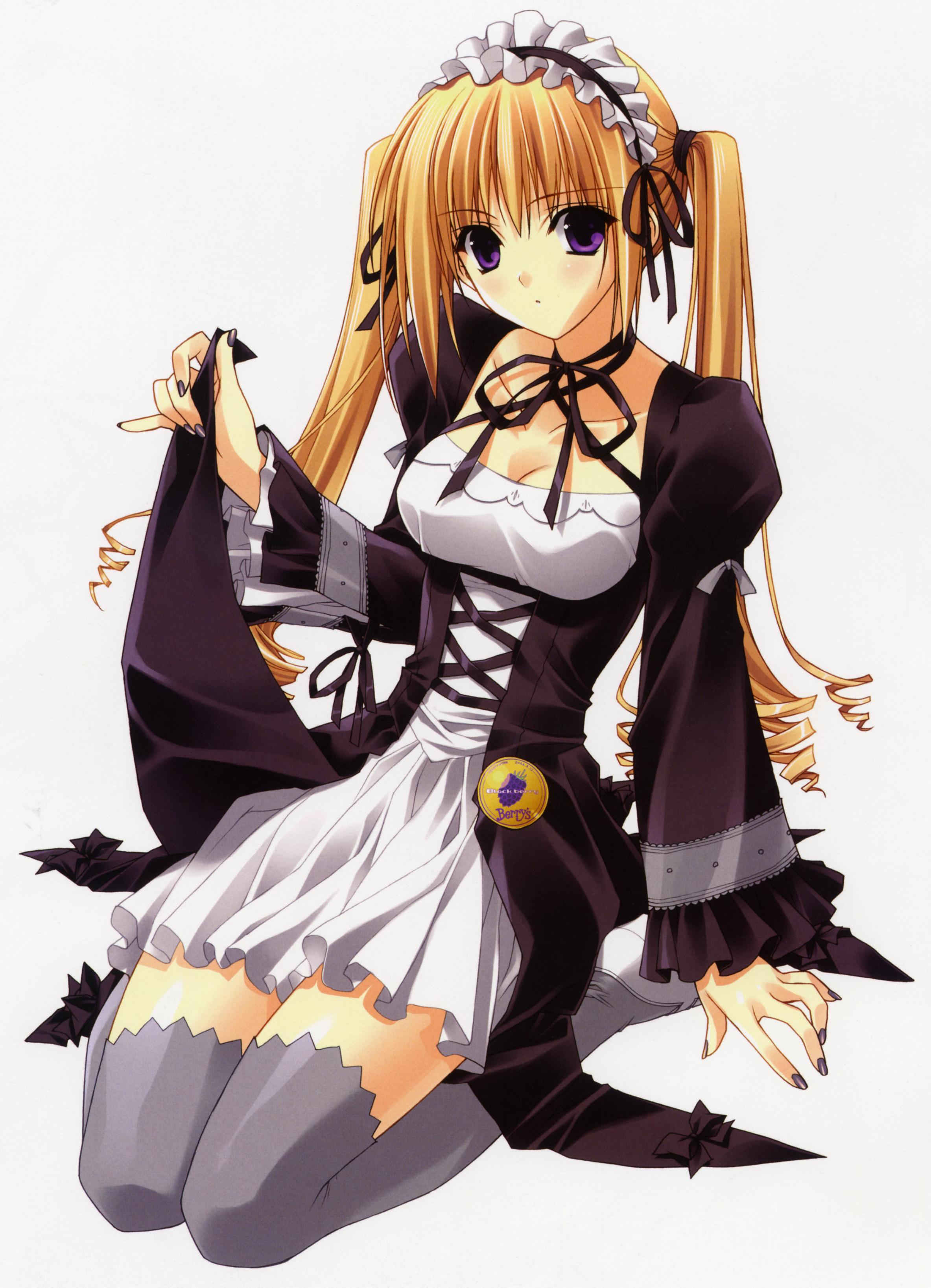 suzuhira hiro, izutsu aya, berry's, absurdres, highres, 1girl, blonde hair, breasts, cleavage, female focus, gothic lolita, hairband, lolita fashion, long hair, nail polish, purple eyes, purple nails, skirt, solo, thighhighs, thighs, twintails, zettai ryouiki