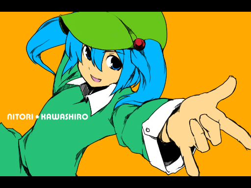 kitsune (kazenouta), kawashiro nitori, touhou, bad id, bad pixiv id, 1girl, female focus, foreshortening, hair bobbles, hair ornament, hat, letterboxed, meme, smile, solo, twintails, two side up