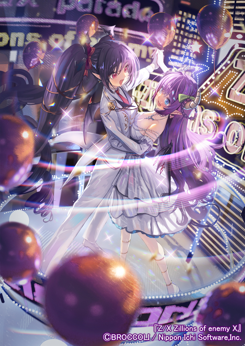 misago (525), z/x, highres, official art, 2girls, arane (z/x), balloon, black hair, bow, breasts, brown horns, cleavage, copyright notice, dancing, demon girl, demon horns, demon tail, demon wings, dress, drill hair, elbow gloves, eye contact, formal clothes, frilled dress, frills, gloves, green bow, green eyes, hair bow, holding hands, horns, light trail, long hair, looking at another, multiple girls, necktie, off-shoulder dress, off shoulder, open mouth, pants, pantyhose, pointy ears, purple hair, red bow, red necktie, shirt, sparkle, star (symbol), suit, tail, tuxedo, twin drills, white dress, white gloves, white pants, white pantyhose, white shirt, white suit, wings