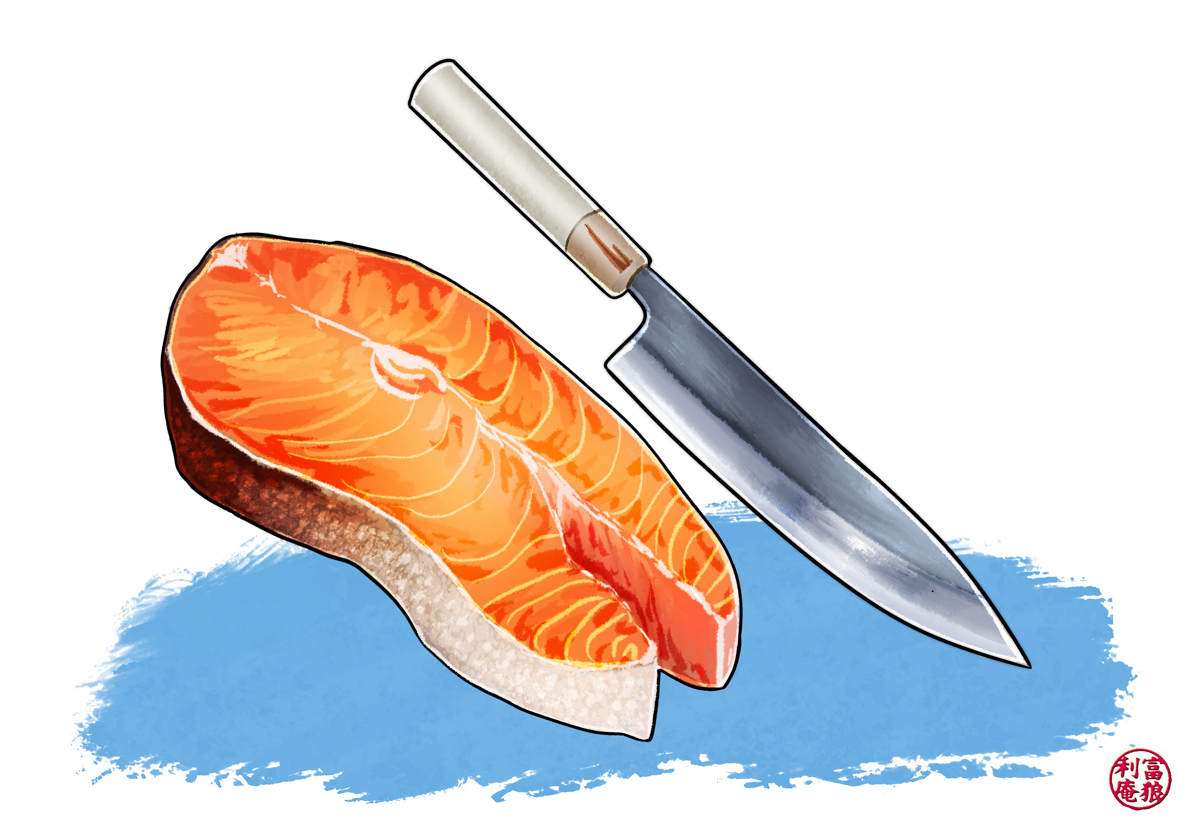 original, commentary, english commentary, highres, procreate (medium), art neverath, fish (food), food, food focus, kitchen knife, knife, logo, white background