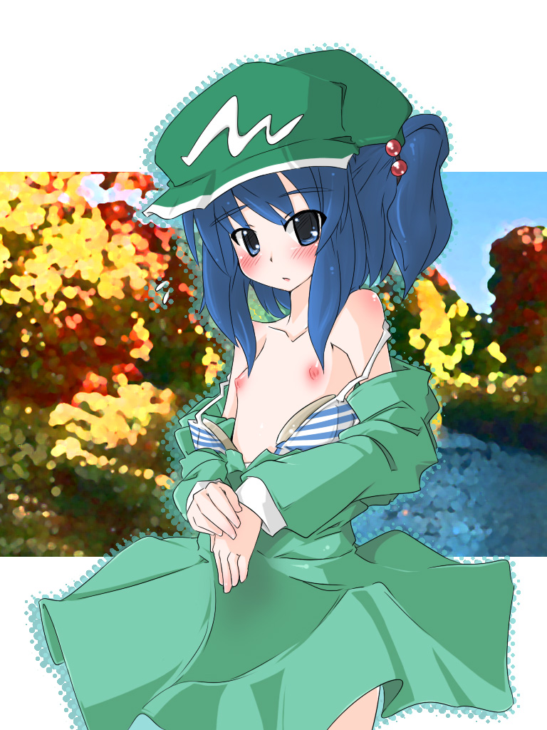 naik, kawashiro nitori, touhou, 1girl, blue eyes, blue hair, blush, bra, bra pull, breast padding, clothes pull, dress, dress pull, female focus, flat chest, hair bobbles, hair ornament, hat, jacket, lingerie, matching hair/eyes, nipples, open clothes, open jacket, solo, striped bra, striped clothes, topless female, twintails, two side up, underwear, undressing