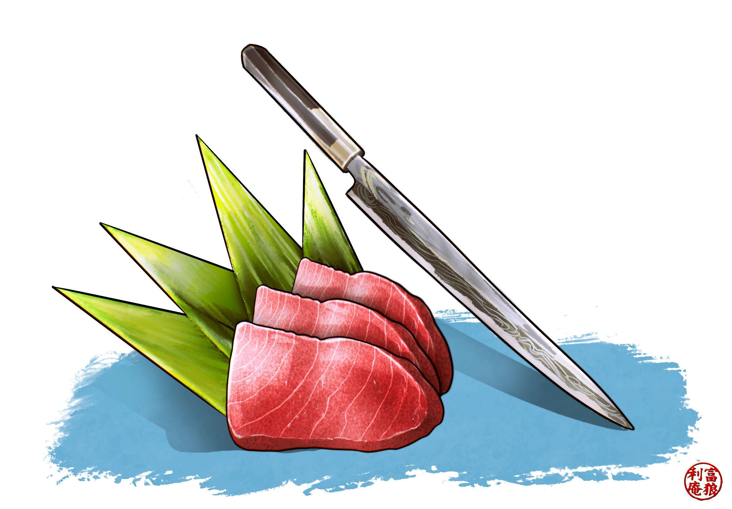 original, commentary, english commentary, highres, procreate (medium), art neverath, artist logo, fish (food), food, food focus, knife, logo, white background