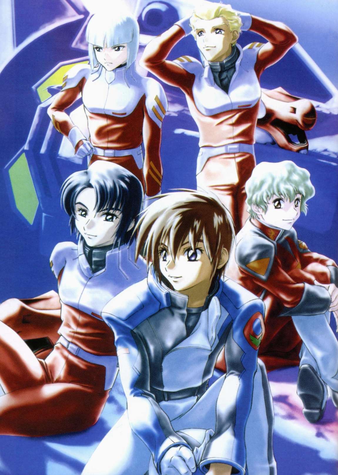 athrun zala, dearka elsman, kira yamato, nicol amafli, strike gundam, yzak joule, gundam, gundam seed, pilot suit, silver hair, highres, official art, 00s, 5boys, blonde hair, blue eyes, blue hair, brown hair, green eyes, green hair, male focus, mecha, multiple boys, purple eyes, robot, short hair