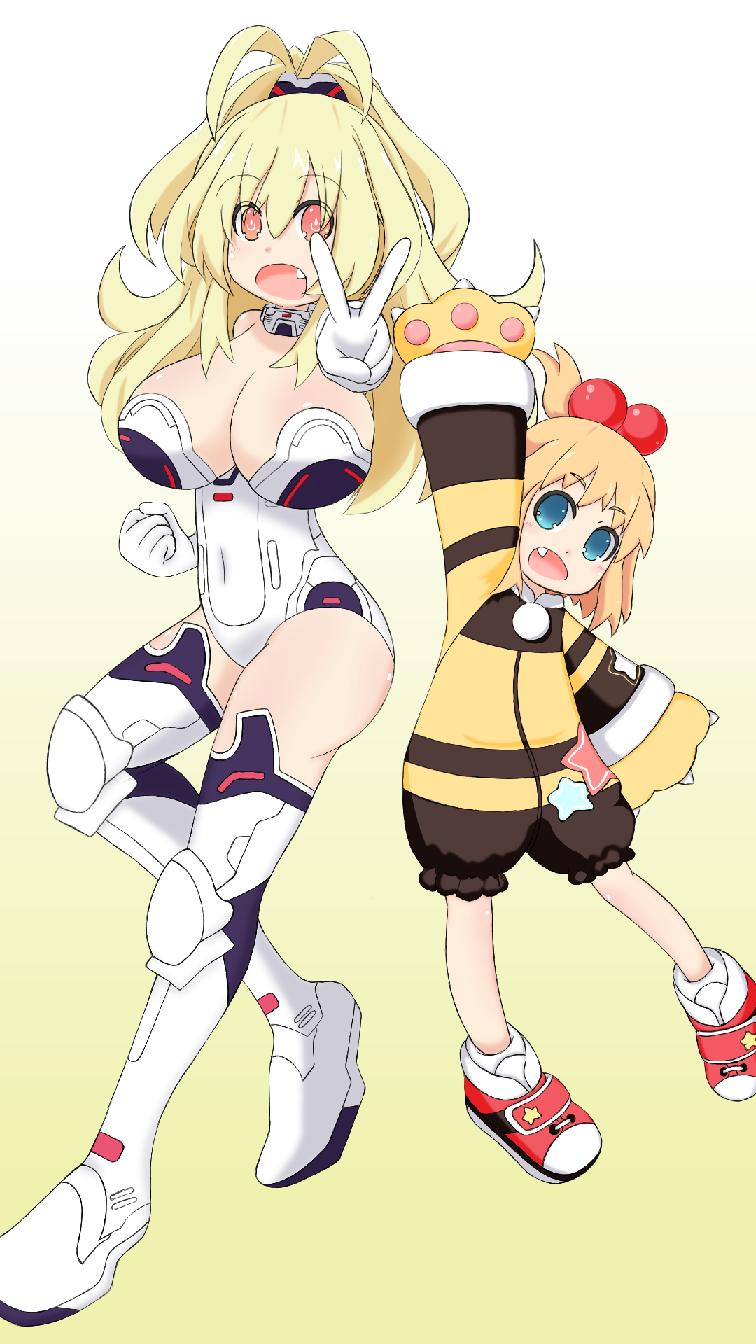 bakudanbonbon (sanuki397), pish, yellow heart (neptunia), kami jigen game neptune v, neptune (series), highres, 2girls, animal hands, bare shoulders, blonde hair, blue eyes, bodysuit, boots, breasts, choker, dual persona, elbow gloves, fang, gloves, hair bobbles, hair ornament, high ponytail, huge breasts, jacket, jewelry, leotard, long hair, looking at viewer, medium hair, multicolored jacket, multiple girls, neck ring, open mouth, orange eyes, paw gloves, ponytail, power symbol, power symbol-shaped pupils, shoes, star (symbol), strapless, strapless leotard, striped clothes, symbol-shaped pupils, thigh boots, thighhighs, tiger paws, two-tone jacket, v, white bodysuit, white choker, white leotard, white thighhighs