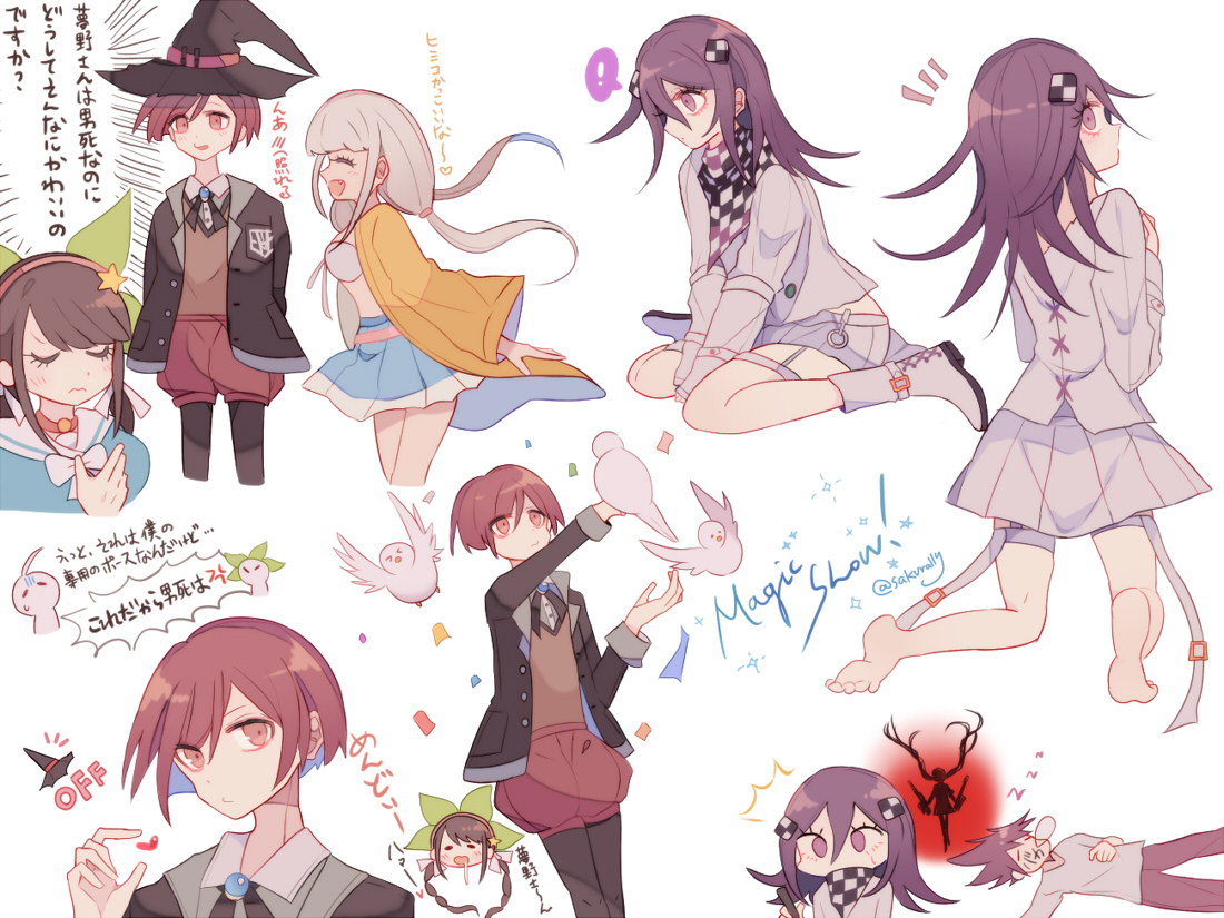 sakura (fein5862817), chabashira tenko, harukawa maki, momota kaito, oma kokichi, saihara shuichi, yonaga angie, yumeno himiko, danganronpa (series), danganronpa v3: killing harmony, commentary request, translation request, !, 2boys, 4girls, :o, = =, ^^^, ^ ^, aegyo sal, alternate skin color, anger vein, arm belt, bare arms, barefoot, bell, belt, belt buckle, bikini, bikini ribbon, bird, bird on hand, black hair, black hat, black jacket, black pantyhose, black ribbon, black scarf, blazer, blue shirt, blue skirt, blunt bangs, blunt ends, bob cut, boots, bow, bowtie, breast pocket, brooch, brown eyes, brown vest, buckle, buttons, chainsaw, checkerboard cookie, checkered clothes, checkered scarf, choker, closed eyes, closed mouth, collared jacket, collared shirt, confetti, cookie, cowboy shot, crest, cropped legs, cross-laced clothes, cross-laced top, dove, drawing on another's face, dress shirt, drooling, english text, expressionless, eyelashes, floating clothes, floating hair, food, food-themed hair ornament, from behind, frown, full body, genderswap, genderswap (ftm), genderswap (mtf), gold buckle, green bow, grey shirt, hair between eyes, hair bow, hair ornament, hair tie, hairband, hand on own chest, hand on own stomach, hands on lap, hat, hat belt, head only, heart, holding, holding chainsaw, holding marker, jacket, jewelry, lace-up boots, lapels, lightened skin, long hair, long hair between eyes, long sleeves, looking at another, looking at viewer, looking back, low twintails, lying, marker, midriff peek, miniskirt, mixed-language text, multi-tied hair, multiple belts, multiple boys, multiple girls, multiple hair bows, multiple views, neck bell, neck ribbon, nervous, no coat, no headwear, no jacket, no mouth, no scarf, nose bubble, notched lapels, notice lines, on back, on stomach, open belt, open clothes, open jacket, pants, pantyhose, parted lips, pink belt, pink choker, pink hairband, pleated skirt, pocket, pointy nose, puffy shorts, purple eyes, purple hair, purple pants, raincoat, red belt, red hair, red shorts, ribbon, sailor collar, scarf, school uniform, serafuku, shirt, shoe belt, short hair, short sleeves, shorts, sidelocks, silhouette, simple background, sitting, skirt, skirt set, sleeping, sleeve cuffs, soles, speech bubble, spiked hair, spoken exclamation mark, standing, star (symbol), star hair ornament, stomach, sweatdrop, swimsuit, t-shirt, thigh belt, thigh strap, thighs, toes, torn clothes, torn shirt, twintails, twitter username, two-tone scarf, upper body, v-neck, very long hair, very short hair, vest, wariza, wavy mouth, white background, white belt, white bikini, white boots, white bow, white bowtie, white hair, white ribbon, white sailor collar, white scarf, white shirt, white skirt, wide-eyed, wide sleeves, witch hat, yellow raincoat