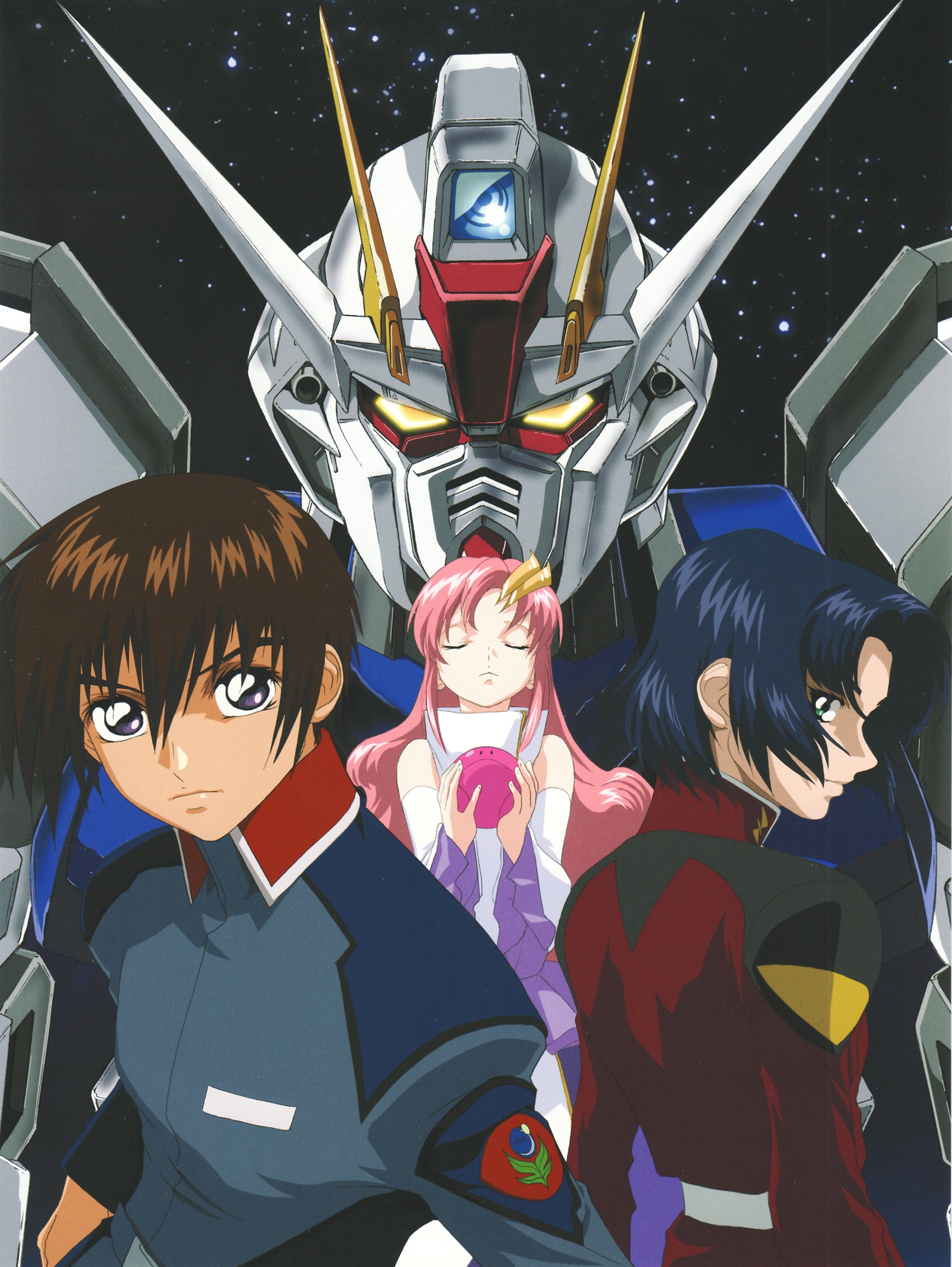 athrun zala, haro, kira yamato, lacus clyne, strike gundam, gundam, gundam seed, highres, official art, 00s, 1girl, blue hair, brown hair, closed eyes, dress, green eyes, long hair, mecha, military, military uniform, pink hair, purple eyes, robot, short hair, space