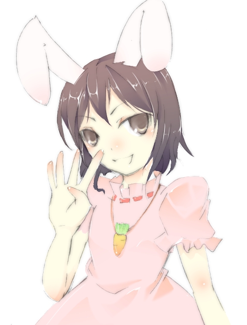 inaba tewi, touhou, bad id, bad pixiv id, 1girl, animal ears, brown eyes, brown hair, female focus, rabbit ears, simple background, solo
