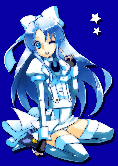 mami (apsaras), original, bad id, bad pixiv id, 1boy, blue boots, blue eyes, blue hair, boots, bow, crossdressing, crossdressing (mtf), fingerless gloves, gloves, hair bow, long hair, male focus, matching hair/eyes, one eye closed, panties, pantyshot, sitting, solo, thigh boots, thighhighs, trap, underwear, wink