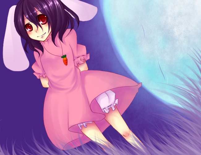 amase (siki696), inaba tewi, touhou, bad id, bad pixiv id, 1girl, animal ears, carrot, dress, female focus, gradient background, grass, jewelry, moon, nature, necklace, outdoors, plant, rabbit ears, sky, solo