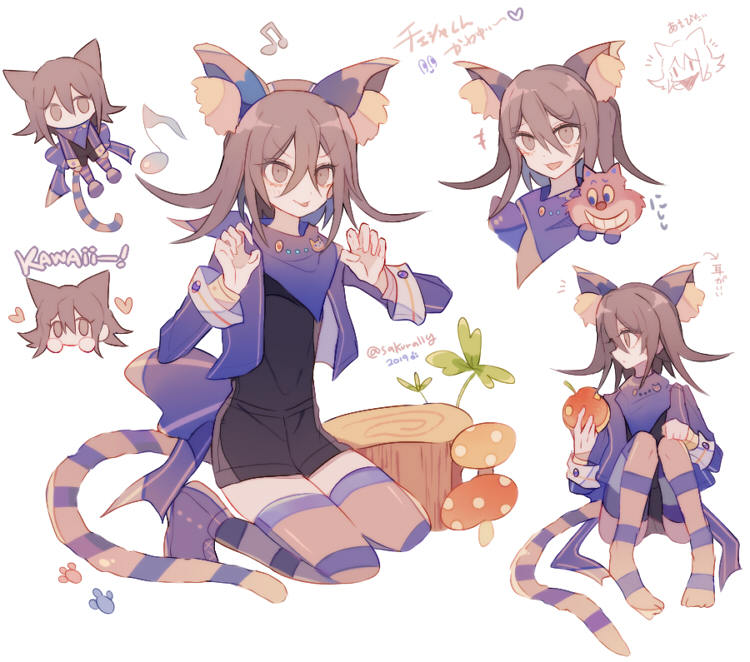 sakura (fein5862817), cheshire cat (disney), oma kokichi, danganronpa (series), danganronpa v3: killing harmony, +++, 1boy, :p, aegyo sal, alice in wonderland (disney), animal ear fluff, animal ears, arrow (symbol), badge, black shirt, black shoes, boots, buttons, cat, cat ears, cat tail, cheshire cat (disney) (cosplay), chibi, claw pose, closed mouth, cosplay, cropped jacket, cropped torso, denim, denim shorts, eyelashes, fake animal ears, food, fruit, full body, grin, hair between eyes, hand on own knee, head only, heart, high-waist shorts, holding, holding food, holding fruit, jacket, kneeling, laughing, long hair between eyes, long sleeves, looking at viewer, looking to the side, male focus, medium hair, multiple views, mushroom, musical note, no mouth, no shoes, notice lines, open clothes, open jacket, open mouth, pink thighhighs, purple boots, purple eyes, purple hair, purple jacket, purple scarf, purple thighhighs, scarf, shirt, shoes, short shorts, shorts, simple background, sleeve cuffs, smile, smug, striped clothes, striped thighhighs, tail, thighhighs, tongue, tongue out, tree stump, two-tone thighhighs, v-shaped eyebrows, white background