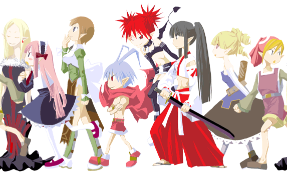 archer (disgaea), etna (disgaea), healer (disgaea), laharl, mage (disgaea), magic knight (disgaea), ronin (disgaea), samurai (disgaea), thief (disgaea), disgaea, makai senki disgaea, nippon ichi, 00s, 1boy, 6+girls, bare shoulders, bat wings, belt, black hair, blonde hair, blue hair, blush, breasts, brown hair, closed eyes, curly hair, demon girl, detached sleeves, dress, drill hair, elbow gloves, flat chest, full body, gloves, green shirt, hair ornament, hairband, hat, japanese clothes, jewelry, katana, long hair, medium breasts, multiple girls, one eye closed, open mouth, pantyhose, pink hair, pointy ears, ponytail, red eyes, red hair, red shorts, sandals, scarf, shirt, shoes, short hair, shorts, skirt, small breasts, smile, sword, tail, twintails, very long hair, weapon, white background, white pantyhose, wings, wink