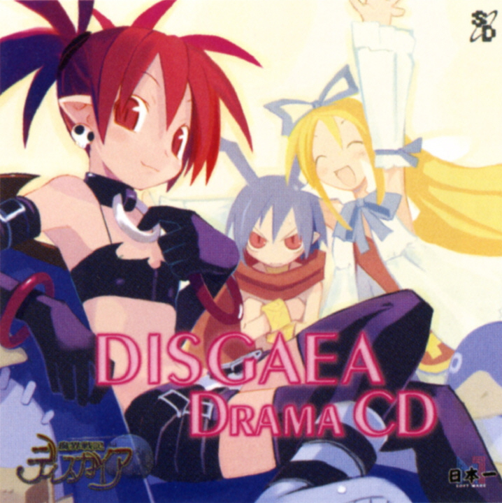 harada takehito, flonne, laharl, prinny, disgaea, makai senki disgaea, nippon ichi, etna, 00s, blonde hair, blue hair, boots, bow, collar, long hair, red eyes, red hair, scarf