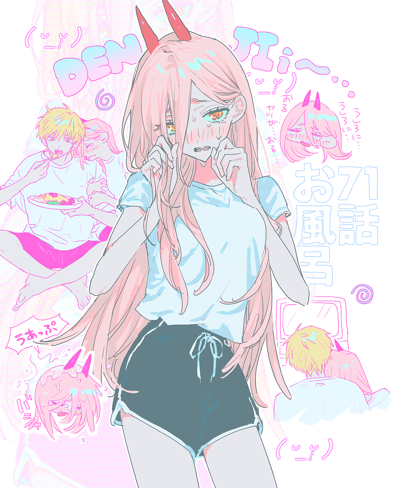 denji (chainsaw man), power (chainsaw man), chainsaw man, commentary request, highres, translation request, 1boy, 1girl, bare arms, black shorts, blonde hair, blush, cowboy shot, demon horns, dolphin shorts, eating, hair between eyes, hetero, horns, leaning on person, leaning to the side, long hair, long hair between eyes, m budat1, multiple views, nose blush, orange eyes, sharp teeth, shirt, short shorts, shorts, straight hair, t-shirt, tears, teeth, thighs, very long hair, white shirt