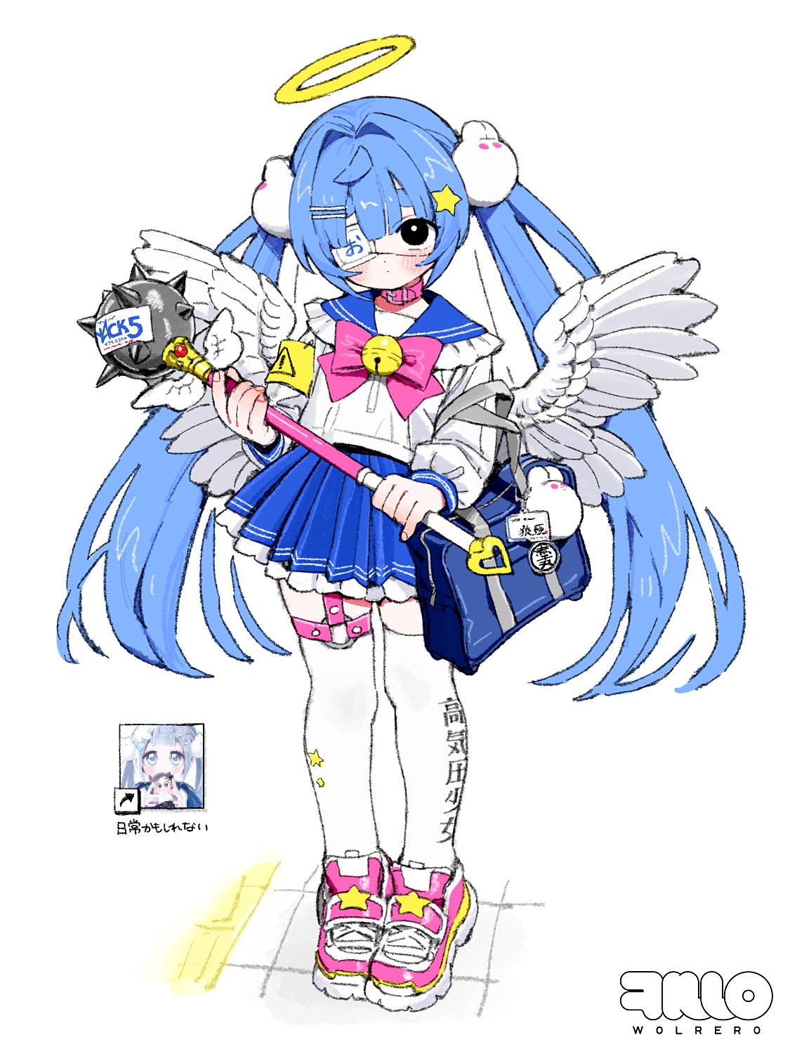 wolrero, original, highres, 1girl, angel, angel wings, animal collar, armband, bag, bell, black eyes, blue hair, blue sailor collar, blue skirt, blush, bow, closed mouth, club, club (weapon), collar, dot mouth, dot nose, eyepatch, feathered wings, frilled sailor collar, frills, full body, hair ornament, hairclip, halo, holding, holding weapon, icon (computing), long hair, long sleeves, looking at viewer, mace, medical eyepatch, o-ring, o-ring thigh strap, pink bow, pink collar, pink shoes, pleated skirt, sailor collar, school bag, school uniform, serafuku, shirt, shoes, sign, skirt, sneakers, solo, spiked club, standing, star (symbol), star hair ornament, thigh strap, thighhighs, traditional halo, twintails, very long hair, warning sign, weapon, white background, white shirt, white thighhighs, white wings, wings, yellow armband