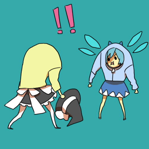 gomimushi, cirno, israfel (evangelion), kirisame marisa, neon genesis evangelion, touhou, bad id, bad pixiv id, lowres, !, 2girls, female focus, hat, holding, holding unworn clothes, holding unworn hat, multiple girls, parody, unworn hat, unworn headwear, what
