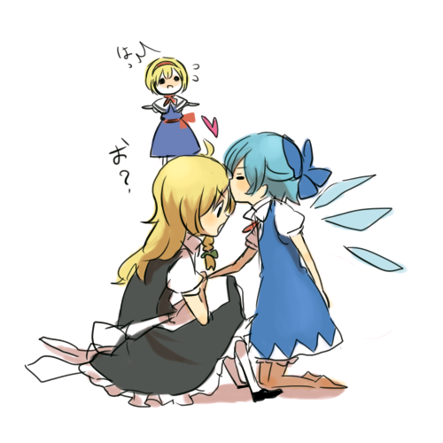 gomimushi, alice margatroid, cirno, kirisame marisa, touhou, bad id, bad pixiv id, lowres, 3girls, braid, dress, female focus, kiss, multiple girls, skirt, white background, yuri
