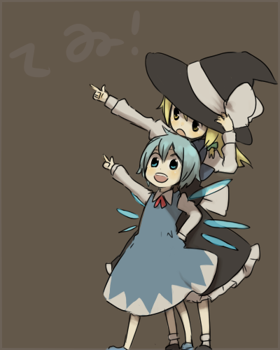 gomimushi, cirno, kirisame marisa, embodiment of scarlet devil, touhou, bad id, bad pixiv id, lowres, translated, 2girls, blonde hair, female focus, hand on headwear, multiple girls