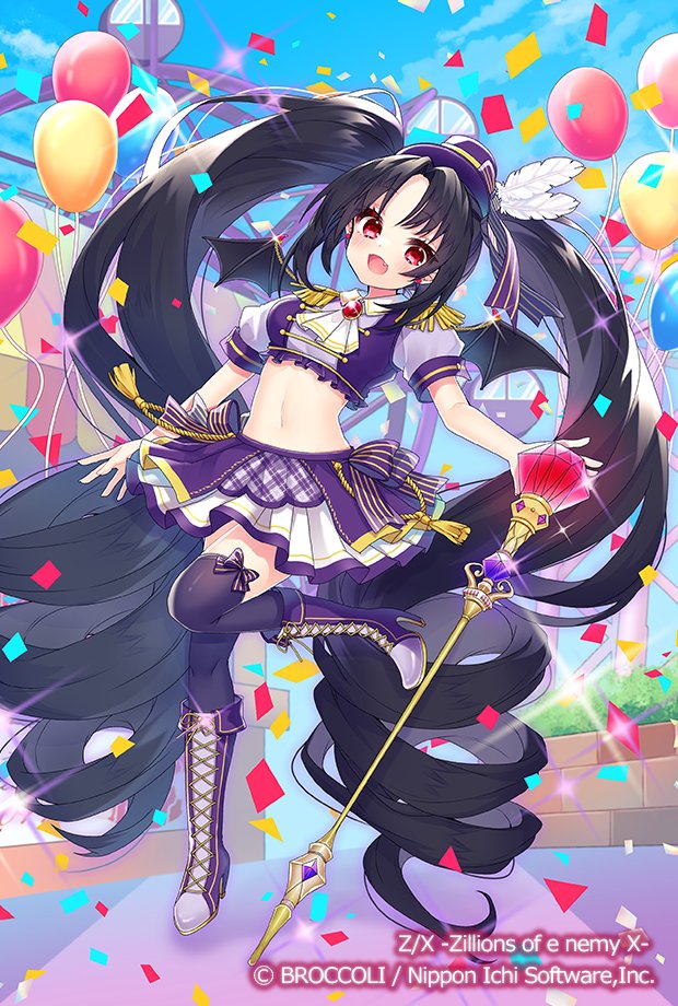 nachiru, z/x, official art, 1girl, amusement park, arane (z/x), balloon, black thighhighs, boots, confetti, copyright notice, cropped shirt, demon wings, dress, drill hair, earrings, fang, feather hair ornament, feathers, ferris wheel, frilled dress, frills, gem, hair ornament, hat, jewelry, long hair, looking at viewer, multicolored skirt, navel, open mouth, outdoors, purple boots, purple hat, purple skirt, red eyes, red gemstone, skirt, solo, sparkle, staff, standing, standing on one leg, thighhighs, twin drills, very long hair, white skirt, wings