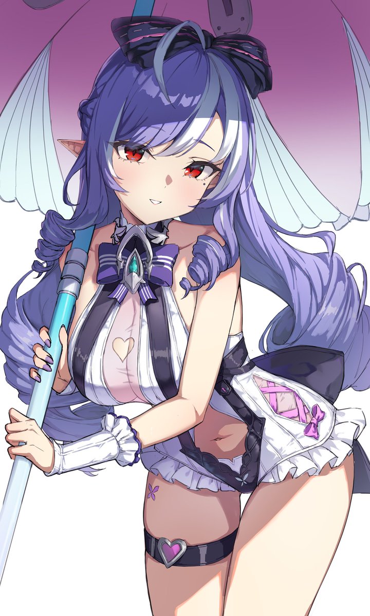 ryuudog, vivian banshee, vivian banshee (iris of the shore), zenless zone zero, commentary request, highres, 1girl, bare shoulders, black bow, blush, bow, bowtie, breasts, cleavage, clothing cutout, drill hair, fingernails, hair bow, heart cutout, holding, holding umbrella, large breasts, leaning forward, long hair, looking at viewer, nail polish, navel, official alternate costume, parted lips, pointy ears, purple bow, purple bowtie, purple hair, purple nails, red eyes, solo, stomach, stomach cutout, swimsuit, thigh strap, umbrella, very long hair