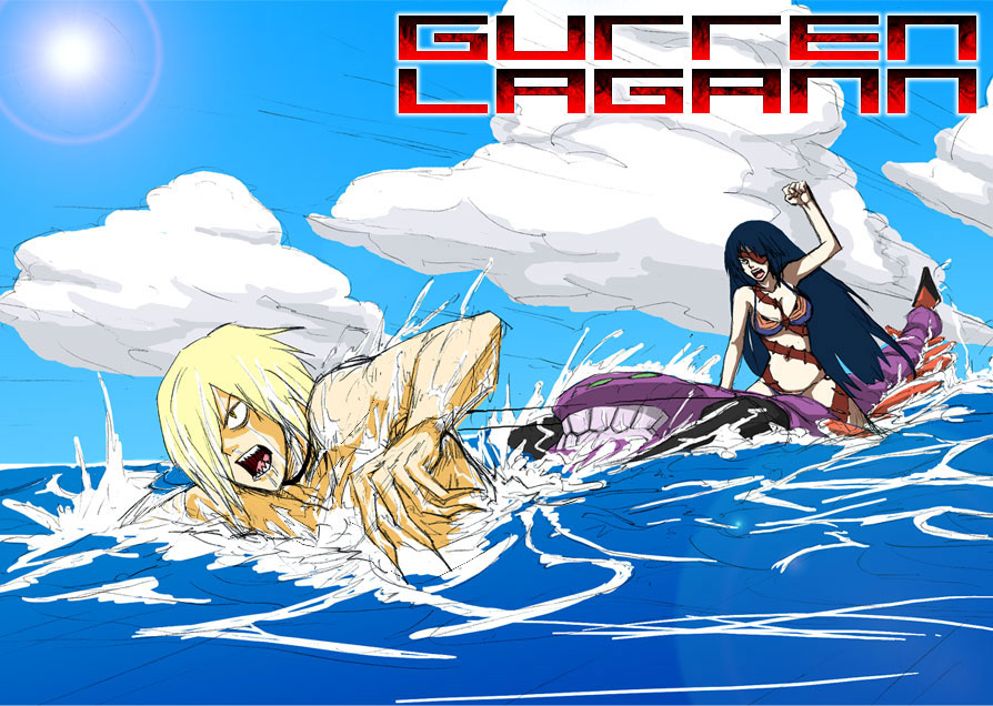 adiane, viral (ttgl), tengen toppa gurren lagann, 00s, 1boy, 1girl, arm up, bikini, blue sky, breasts, cloud, day, long hair, medium breasts, outdoors, sky, straddling, swimming, swimsuit, water