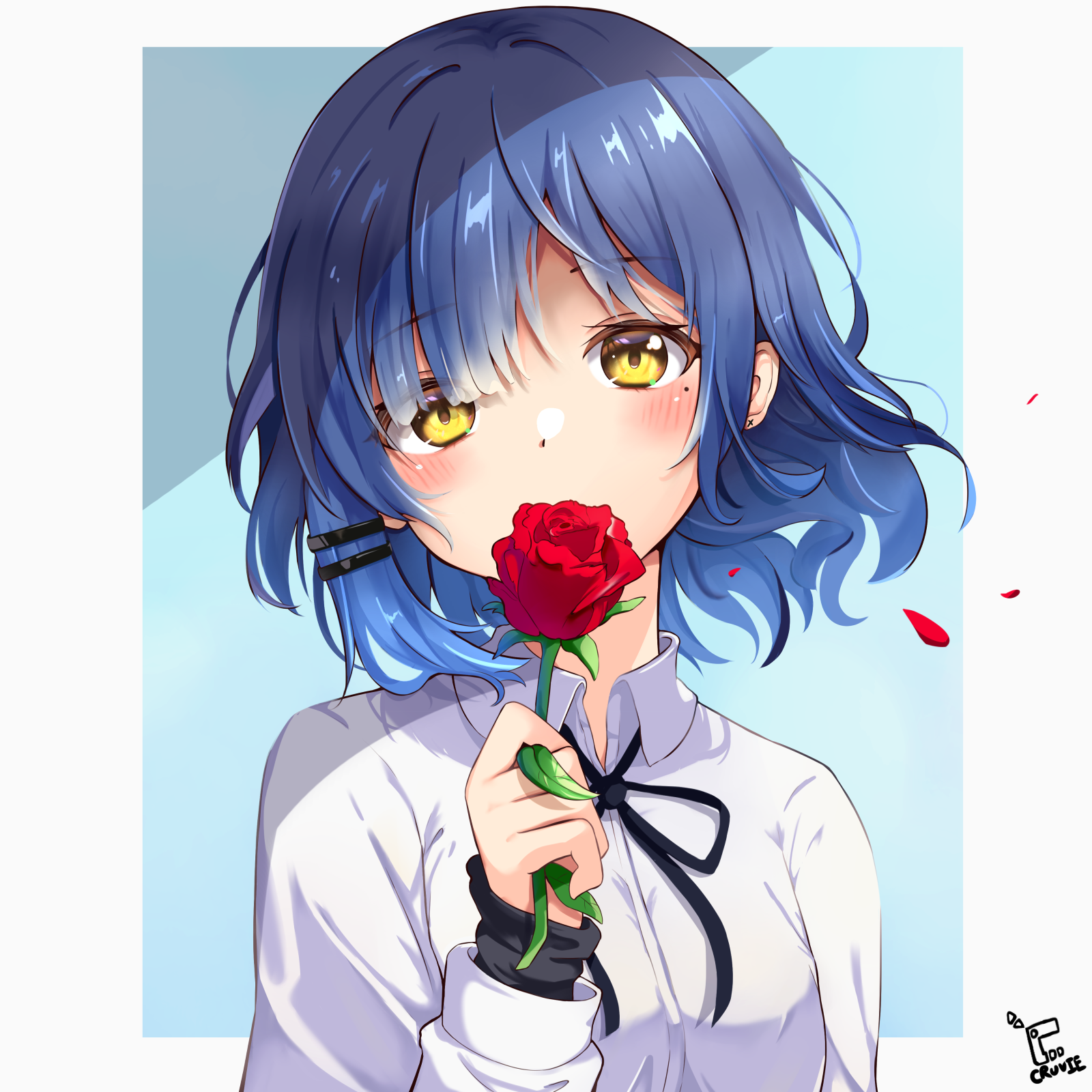 cruvie, yamada ryo, bocchi the rock!, commentary, highres, 1girl, aqua background, black ribbon, blue hair, blunt bangs, blush, border, collared shirt, covered mouth, dress shirt, eyelashes, falling petals, floating hair, flower, hair between eyes, hair ornament, hairclip, hand up, holding, holding flower, leaf, long sleeves, looking at viewer, medium hair, mole, mole under eye, neck ribbon, outside border, parallel hairclips, petals, red flower, red rose, ribbon, rose, rose petals, shirt, signature, simple background, sleeves past wrists, solo, upper body, white border, white shirt, yellow eyes