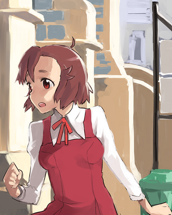sanae (satansanae), aoba tsugumi, kannagi, 00s, 1girl, :o, blush, brown eyes, building, dress, female focus, long sleeves, outdoors, parted lips, pillar, red dress, red eyes, school uniform, short hair, solo, upper body