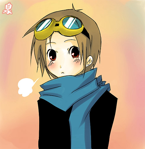 matsuda takato, digimon, digimon tamers, 00s, 1boy, :<, blush, brown hair, goggles, gradient background, male focus, red eyes, scarf, solo