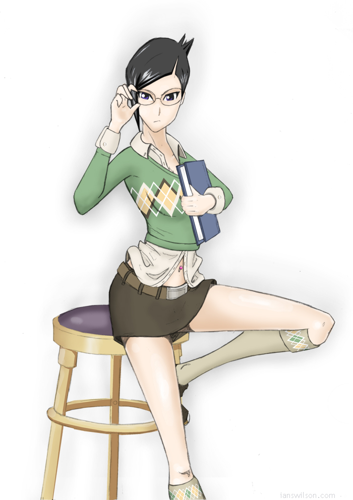 ise nanao, bleach, 00s, 1girl, book, female focus, glasses, miniskirt, navel piercing, piercing, skirt, solo, watermark
