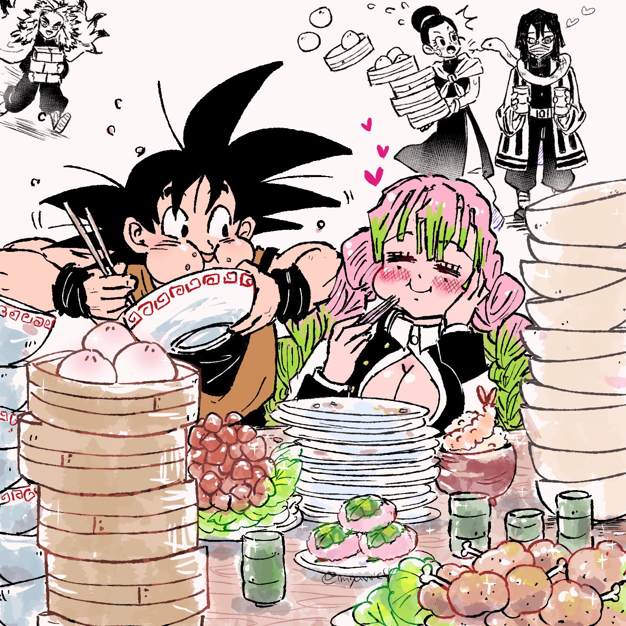 ireba sui, chi-chi (dragon ball), iguro obanai, kaburamaru, kanroji mitsuri, rengoku kyoujurou, son goku, dragon ball, kimetsu no yaiba, commentary, food request, highres, symbol-only commentary, 2girls, 3boys, ^^^, black hair, blush, bowl, bowl stack, breasts, chopsticks, cleavage, closed eyes, closed mouth, crossover, demon slayer uniform, dougi, eating, empty bowl, flying sweatdrops, food, food on face, gradient hair, green hair, hand on own cheek, hand on own face, happy, heart, holding, holding bowl, holding chopsticks, japanese clothes, kimono, large breasts, long hair, looking at another, multicolored hair, multiple boys, multiple girls, pink hair, plate, plate stack, smile, snake, spiked hair, table, tri braids, wristband