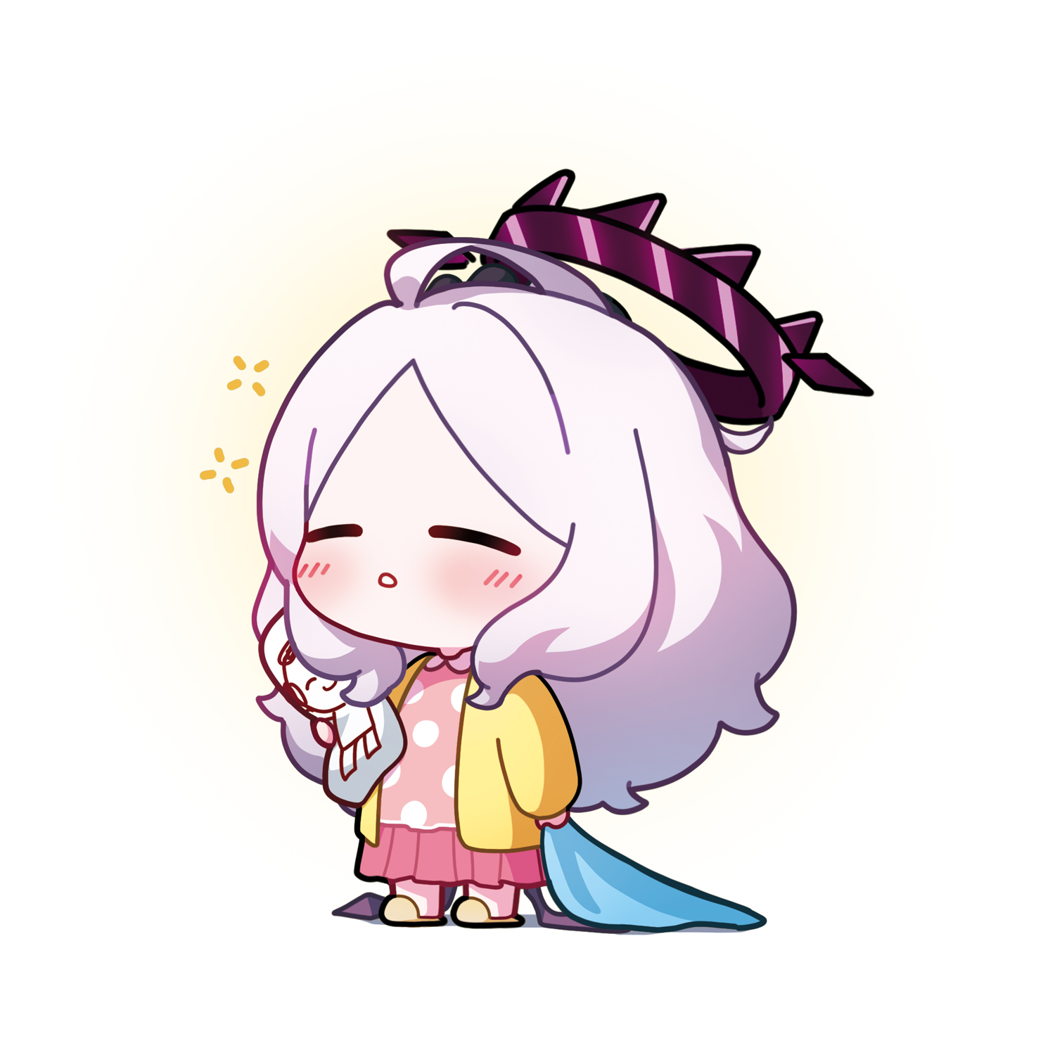 uz (uzru0428), doodle sensei (blue archive), hina (blue archive), hina (pajamas) (blue archive), sensei (blue archive), blue archive, highres, ahoge, black halo, chibi, demon girl, demon horns, demon wings, full body, halo, horns, jacket, long hair, low wings, pajamas, pink pajamas, polka dot, polka dot pajamas, simple background, standing, white background, white hair, wings, yellow jacket