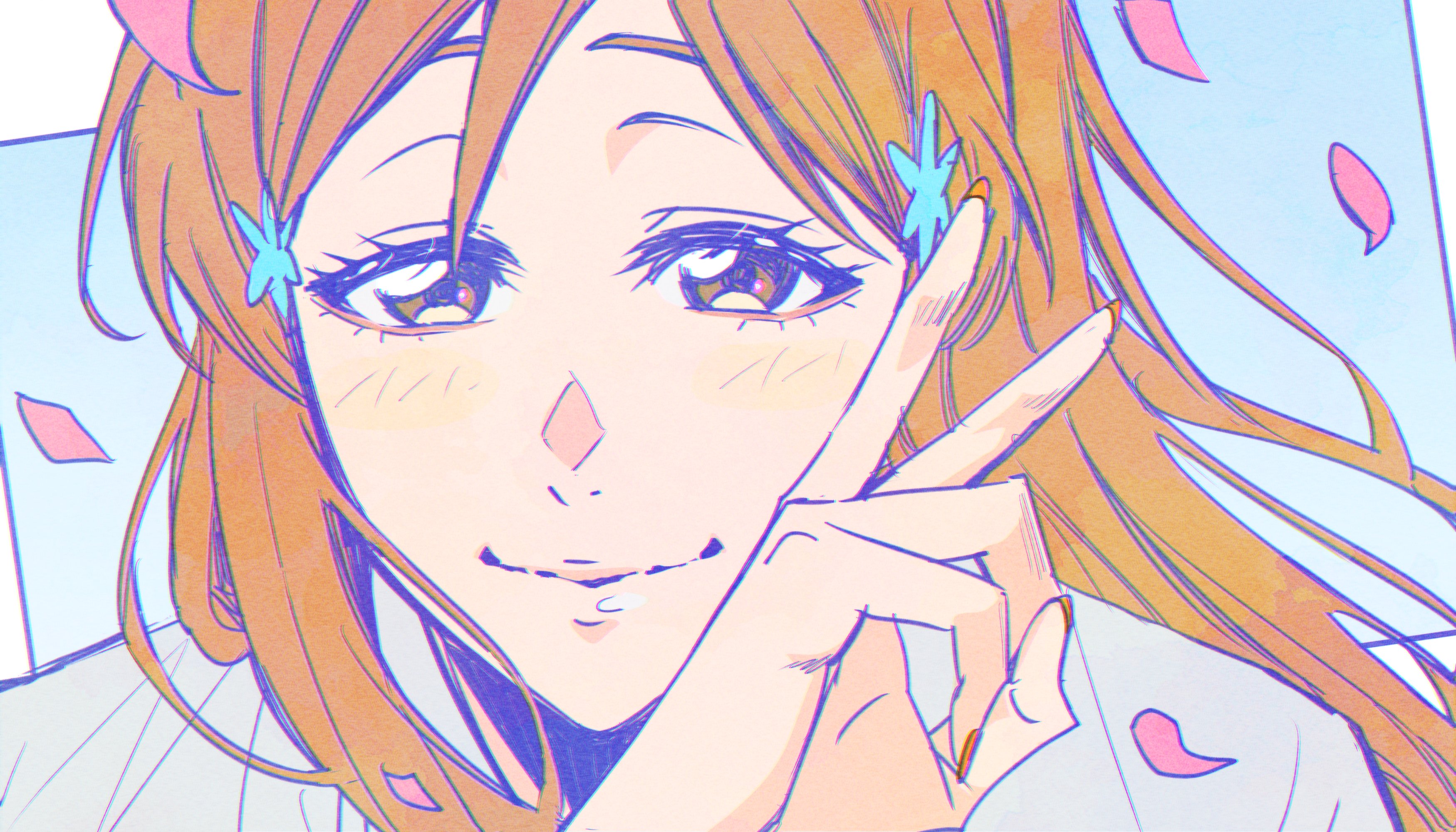 n (nauki 11), inoue orihime, bleach, absurdres, commentary, highres, 1girl, blush, brown eyes, close-up, closed mouth, eyelashes, falling petals, hair ornament, hairclip, lips, long hair, looking at viewer, nail polish, orange hair, orange nails, petals, pink petals, shirt, smile, solo, straight-on, upper body, v, white shirt