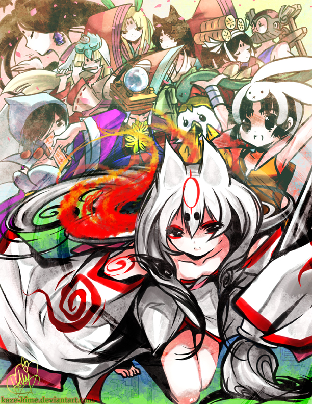 kaze-hime, amaterasu (ookami), himiko (ookami), kaguya, kaguya (ookami), kushi, princess fuse, rao, sakuya (ookami), susano, susanoo (ookami), tsuzurao, ushiwakamaru (ookami), ookami (game), 2boys, 6+girls, :d, animal ears, armpits, arms up, bandages, beads, beard, bent over, black eyes, black hair, blonde hair, calligraphy brush, closed eyes, detached sleeves, earrings, eel, everyone, eyeshadow, facial hair, facial mark, flat chest, flute, forehead mark, hair ornament, hair over one eye, hat, hood, instrument, japanese clothes, jewelry, kimono, kneeling, long hair, makeup, mole, mole under eye, multiple boys, multiple girls, necklace, object on head, open mouth, outstretched arms, paintbrush, personification, petals, short hair, signature, smile, spread arms, tattoo, white hair