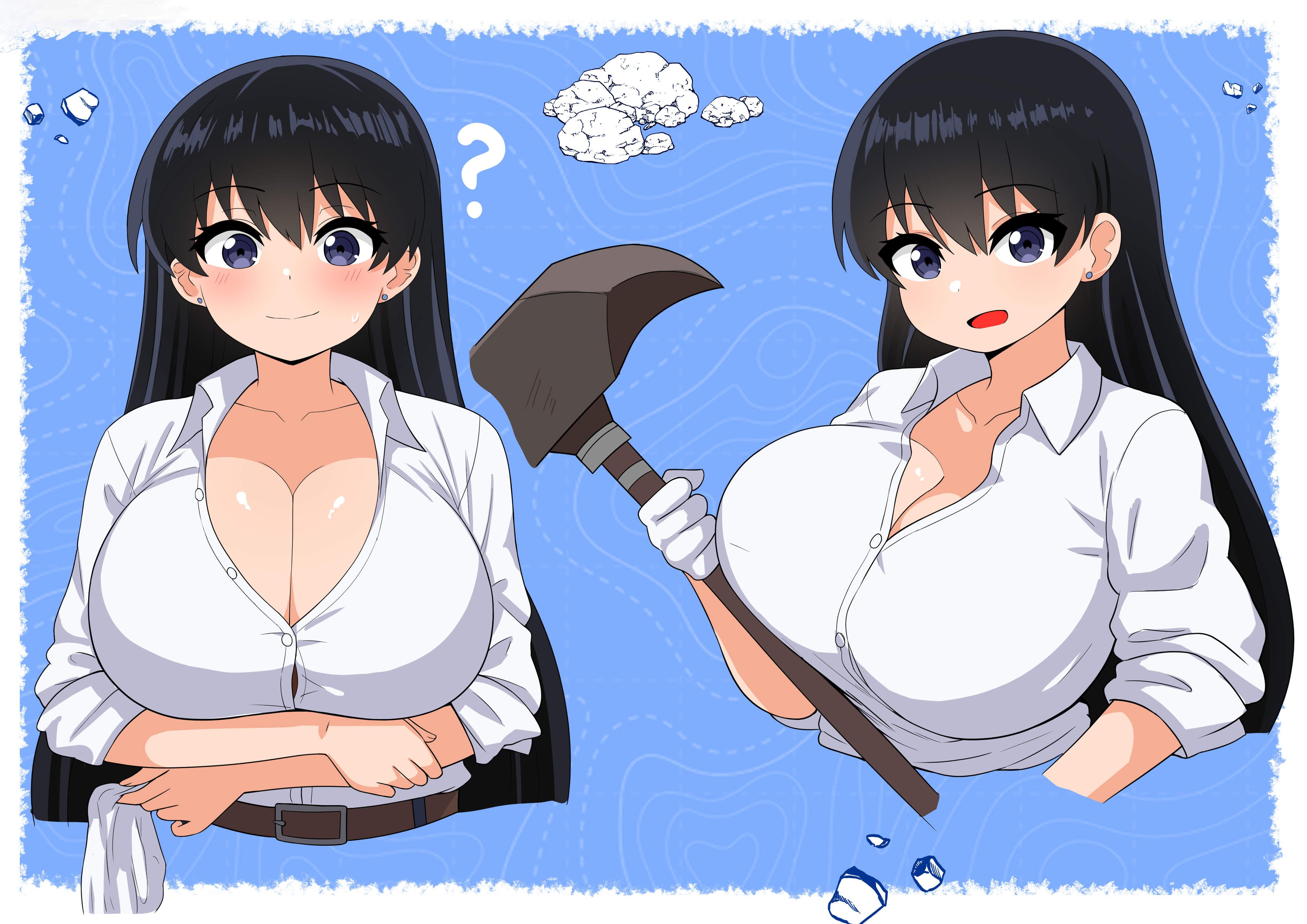 the only shoe, arato nagi, ruri no houseki, absurdres, commentary, english commentary, highres, 1girl, ?, arms under breasts, black hair, blue background, blue eyes, breast focus, breasts, cleavage, closed mouth, collared shirt, cropped arms, cropped torso, crossed arms, earrings, from side, gloves, hand up, holding, holding pickaxe, huge breasts, jewelry, long hair, long sleeves, looking at viewer, multiple views, open mouth, pickaxe, rock, shiny skin, shirt, sleeves rolled up, smile, straight-on, stud earrings, white gloves, white shirt, wing collar