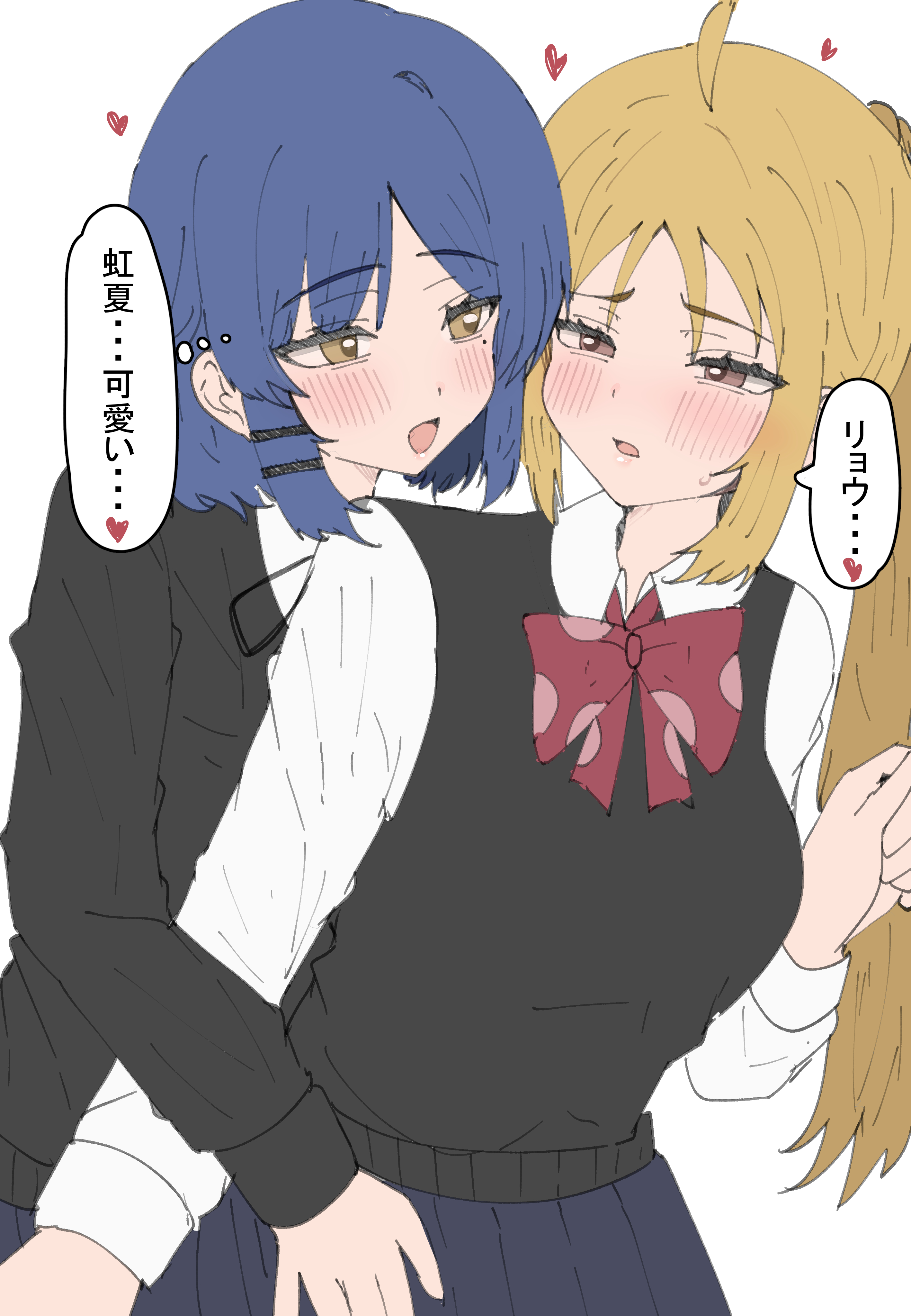 sunya (honorin-yuunibo), ijichi nijika, yamada ryo, bocchi the rock!, absurdres, highres, translation request, 2girls, ahoge, black shirt, blonde hair, blue hair, blue skirt, blush, bow, bowtie, hair ornament, hairclip, heart, hug, hug from behind, long hair, multiple girls, open mouth, parallel hairclips, red bow, red bowtie, red eyes, school uniform, shimokitazawa high school uniform, shirt, short hair, side ponytail, simple background, skirt, smile, speech bubble, spoken heart, sweat, thought bubble, white background, white shirt, yellow eyes, yuri