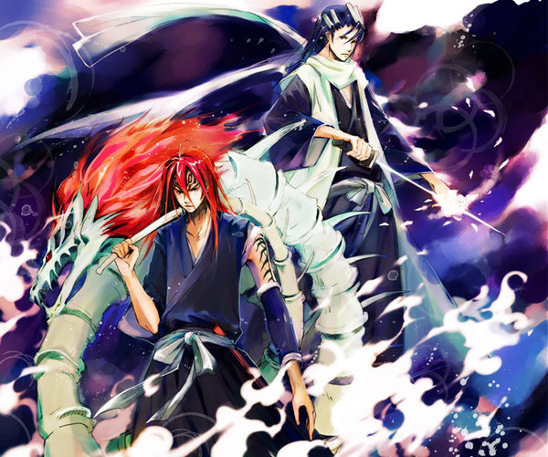 shelattic, abarai renji, kuchiki byakuya, bleach, 00s, 2boys, bankai, black hair, haori, japanese clothes, long hair, male focus, multiple boys, red hair, sword, taichou haori, tattoo, weapon
