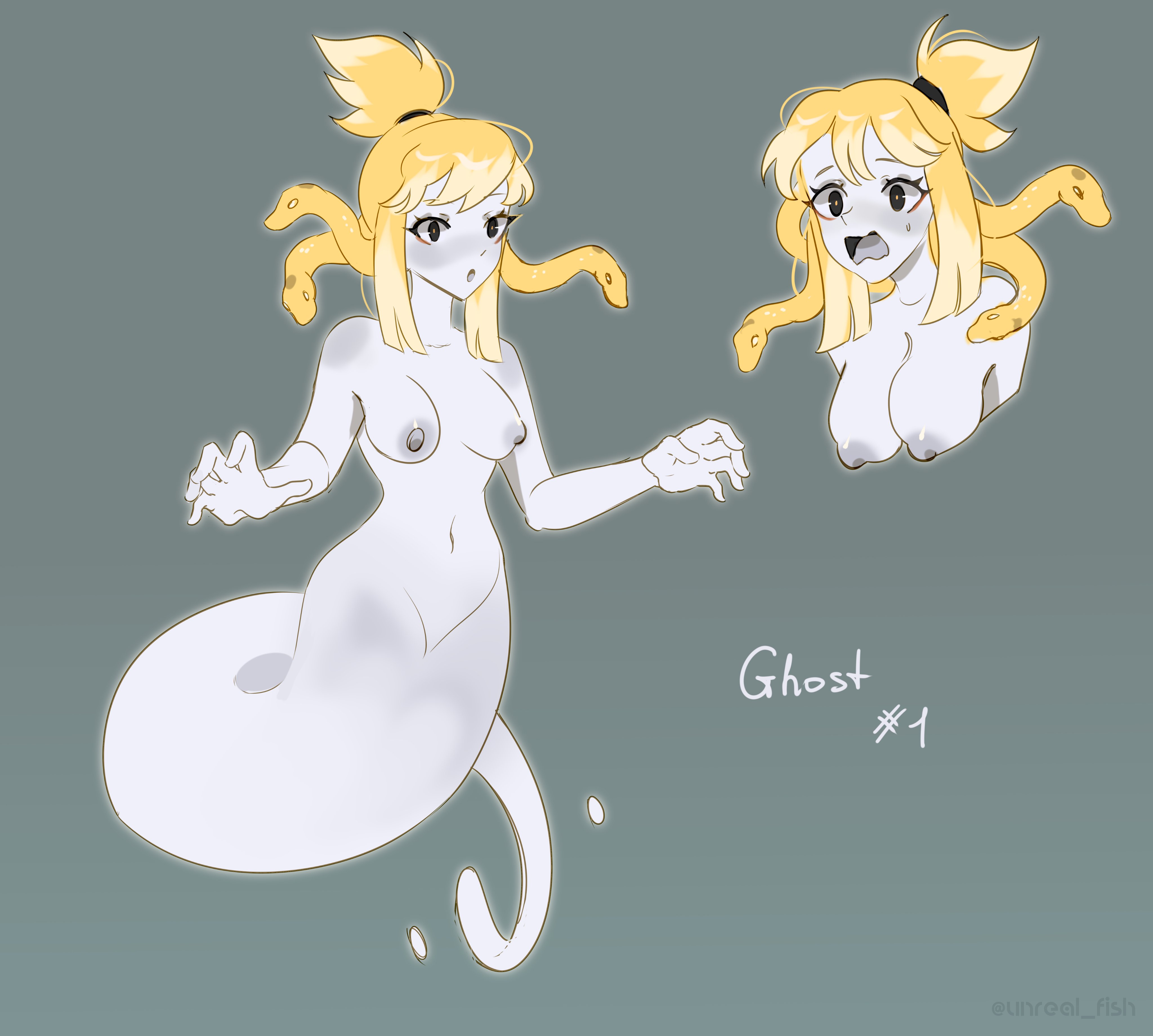 unreal fish, original, absurdres, commentary, english commentary, highres, black eyes, blonde hair, breasts, colored skin, ghost girl, ghost tail, green background, high ponytail, inktober, medium breasts, navel, nipples, nude, orange pupils, ponytail, snake hair, twitter username, white skin